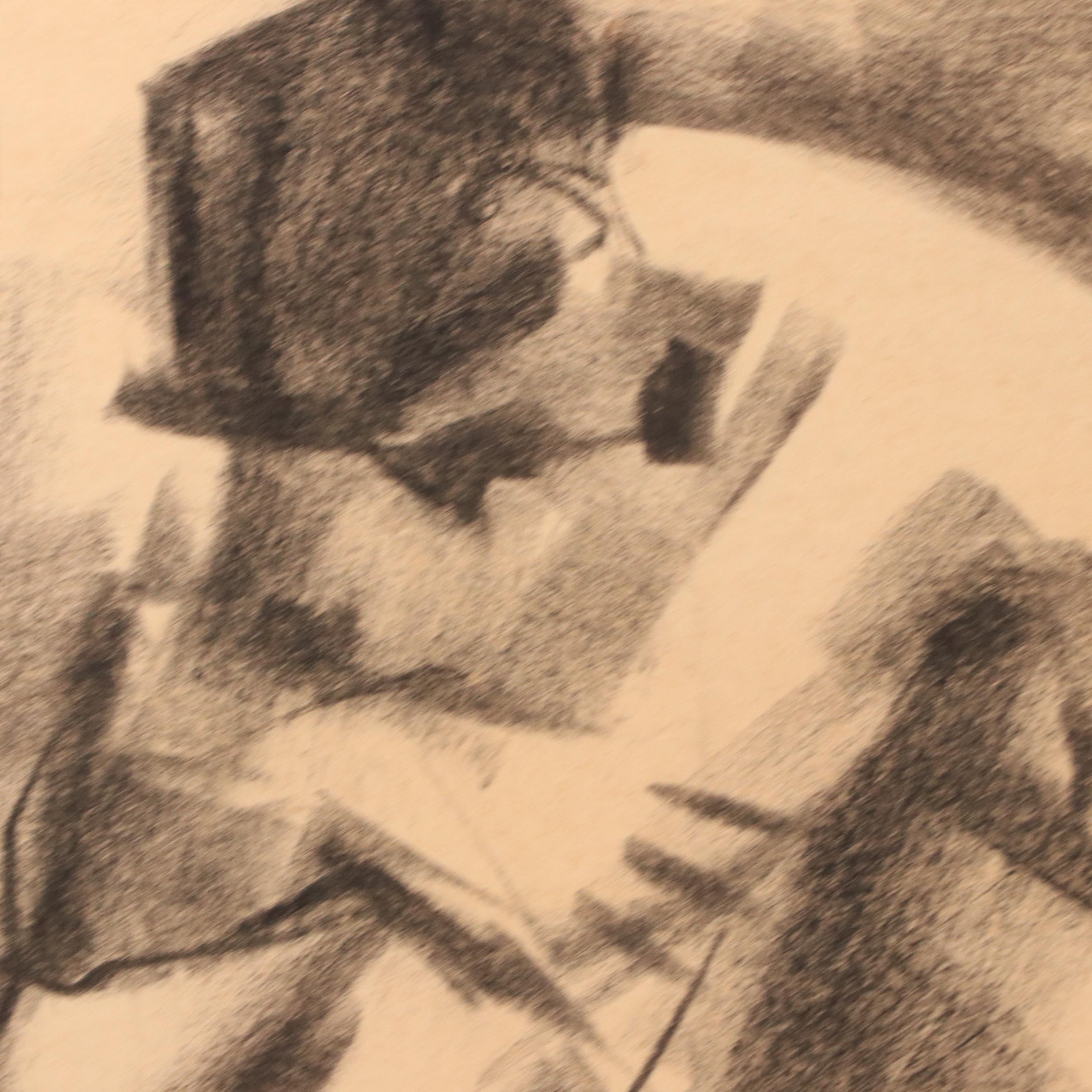 Jack Meanwell Modern Figural Oil Pastel Drawing, Late 20th Century