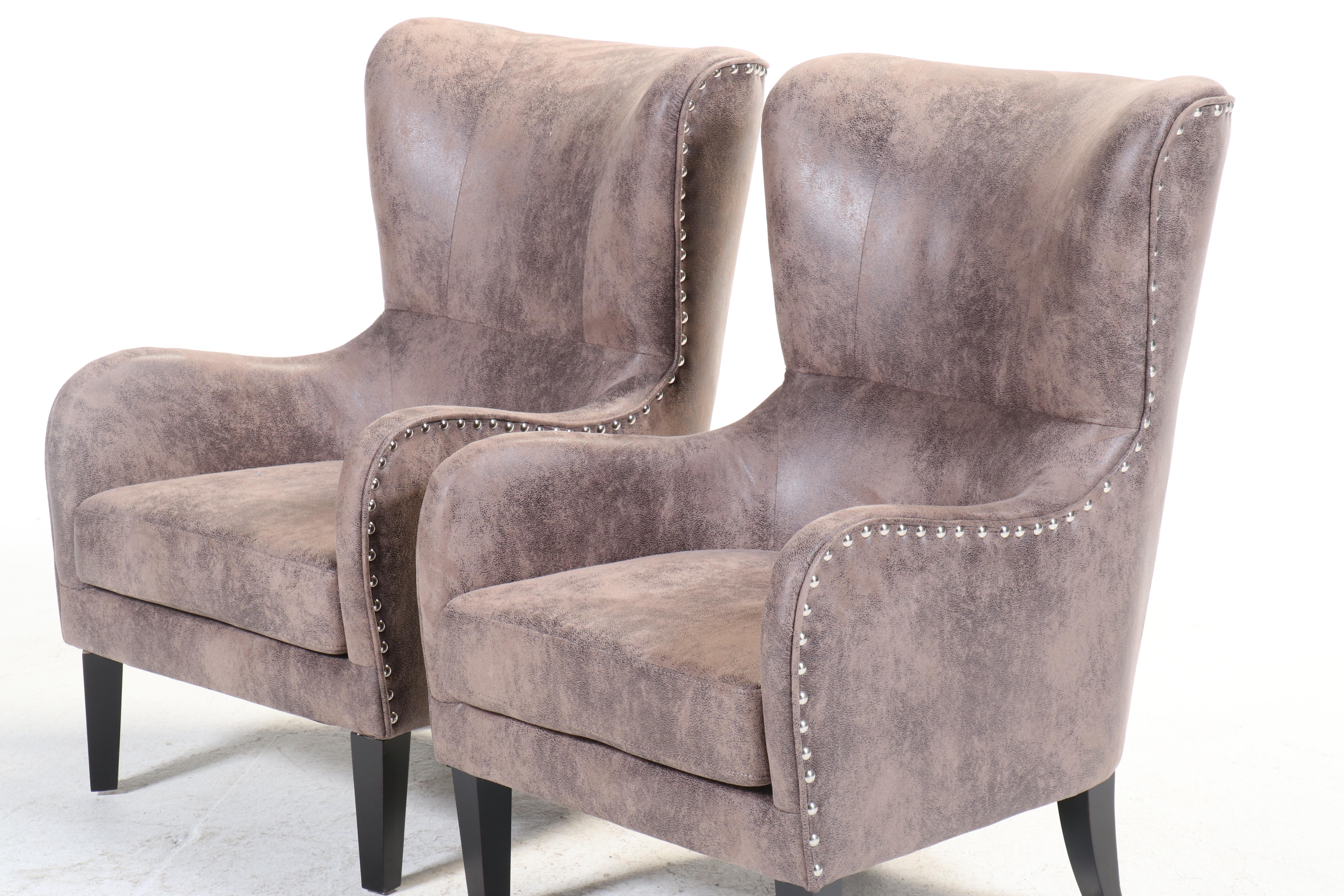 Pair of Noble House Home Furnishings Faux-Leather Wing Chairs with Nailheads