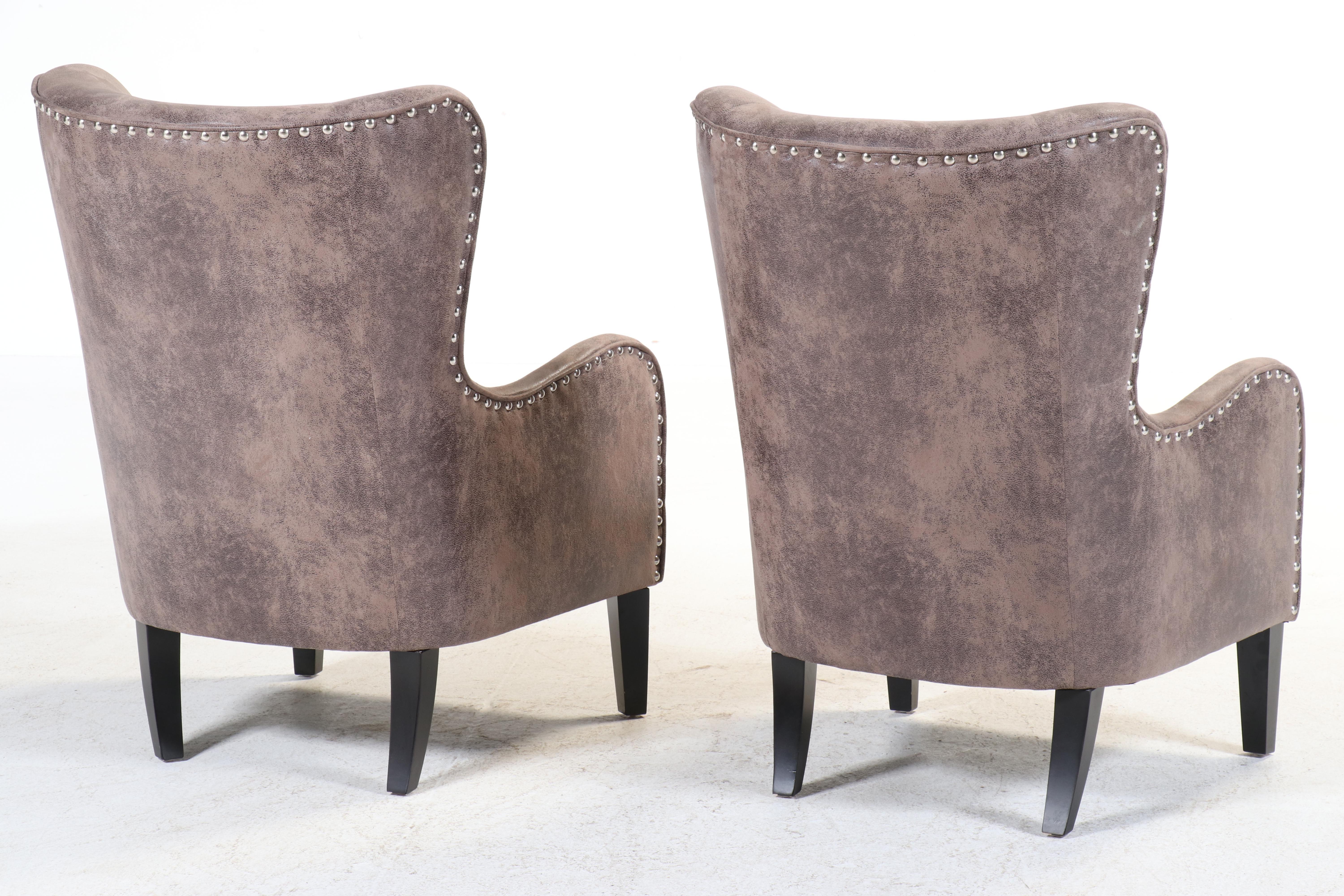 Pair of Noble House Home Furnishings Faux-Leather Wing Chairs with Nailheads