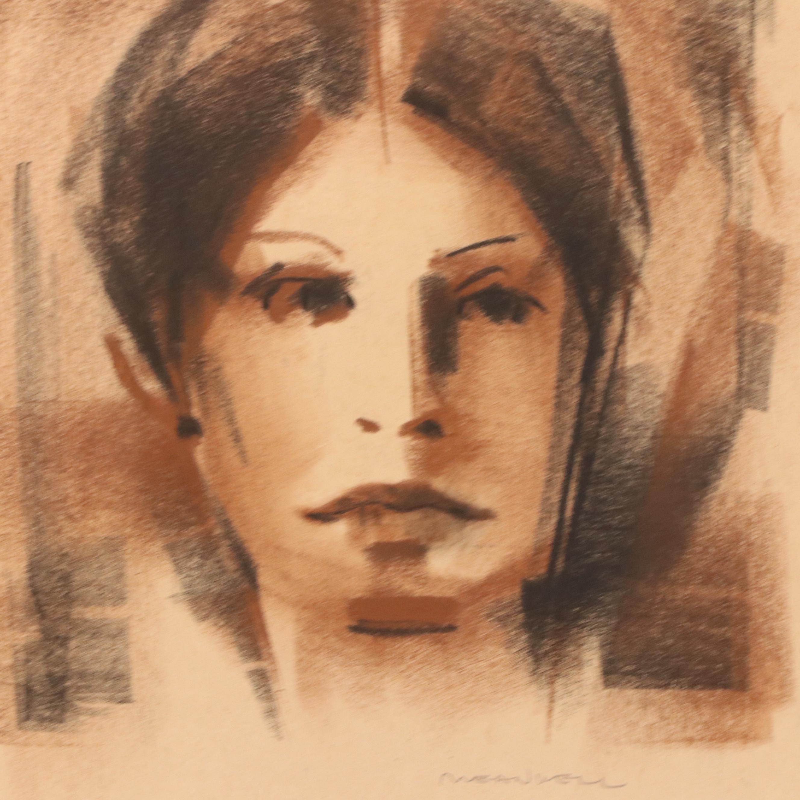 Jack Meanwell Portrait Oil Pastel Drawing, Late 20th Century