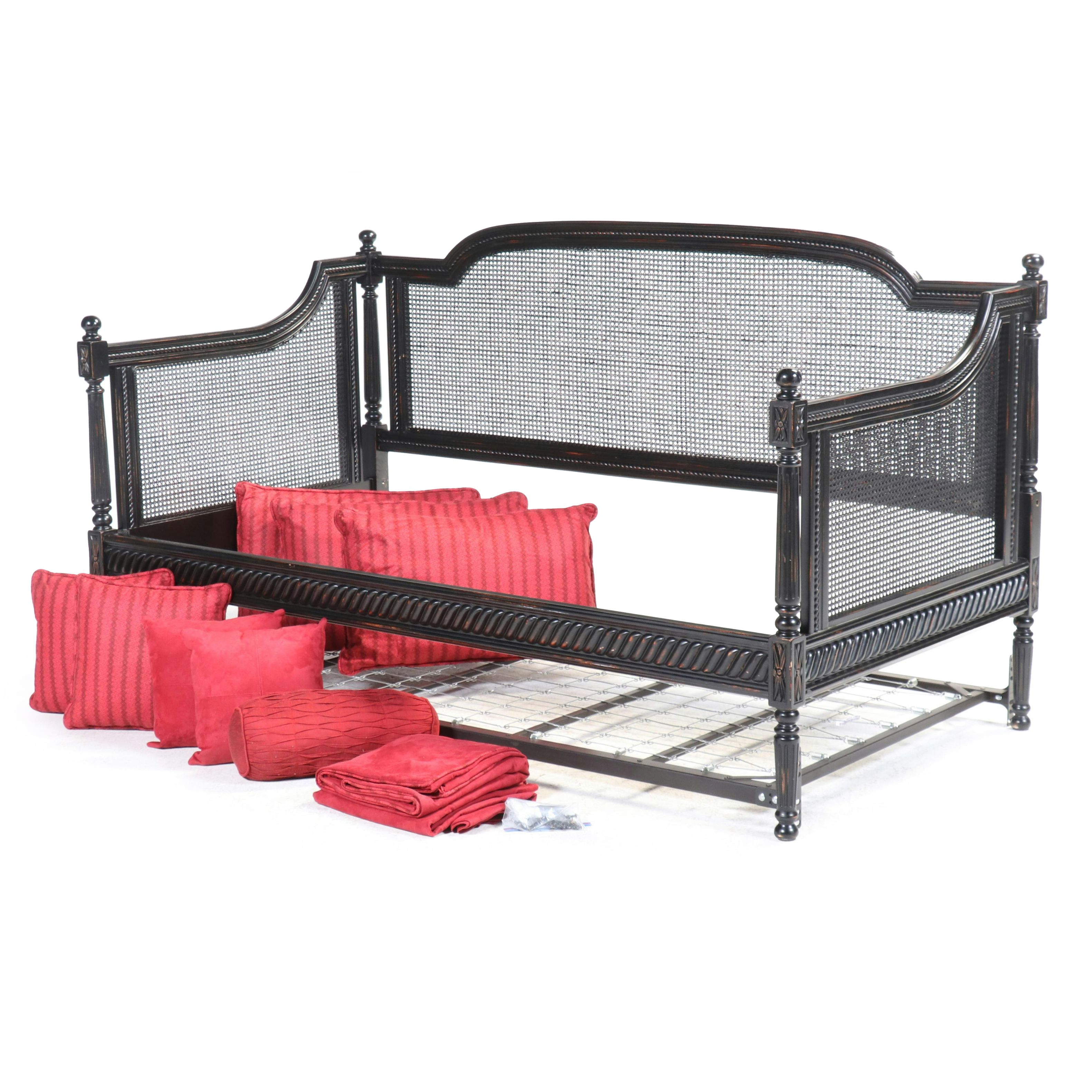 Painted Wood and Cane Daybed Frame with Throw Pillows