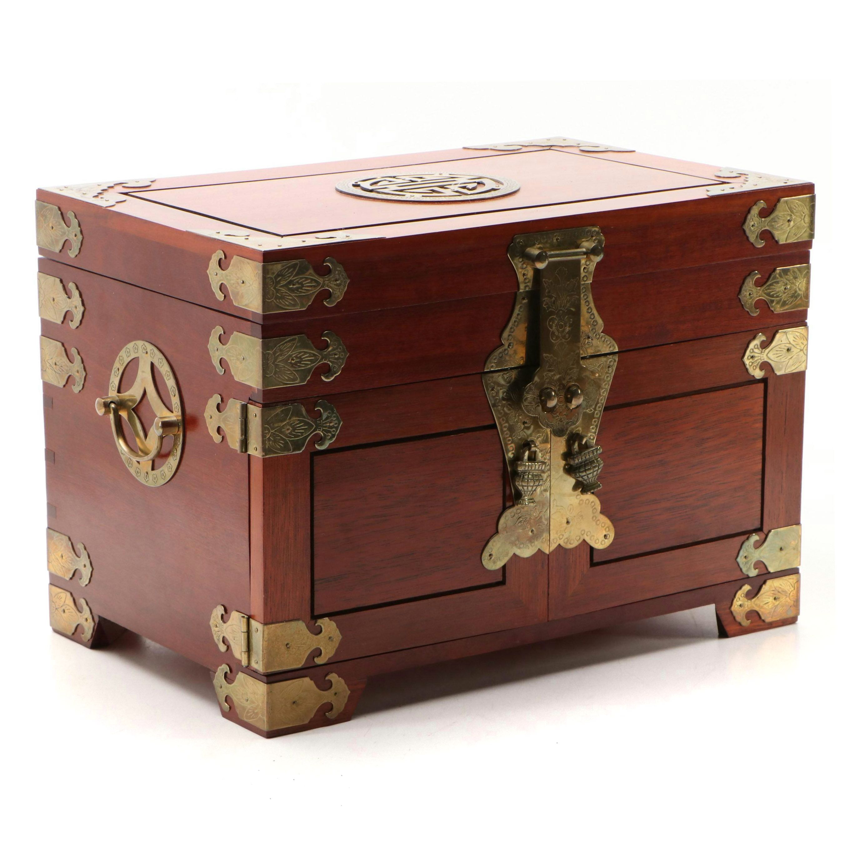 Chinese Style Brass Mounted Wooden Jewelry Box
