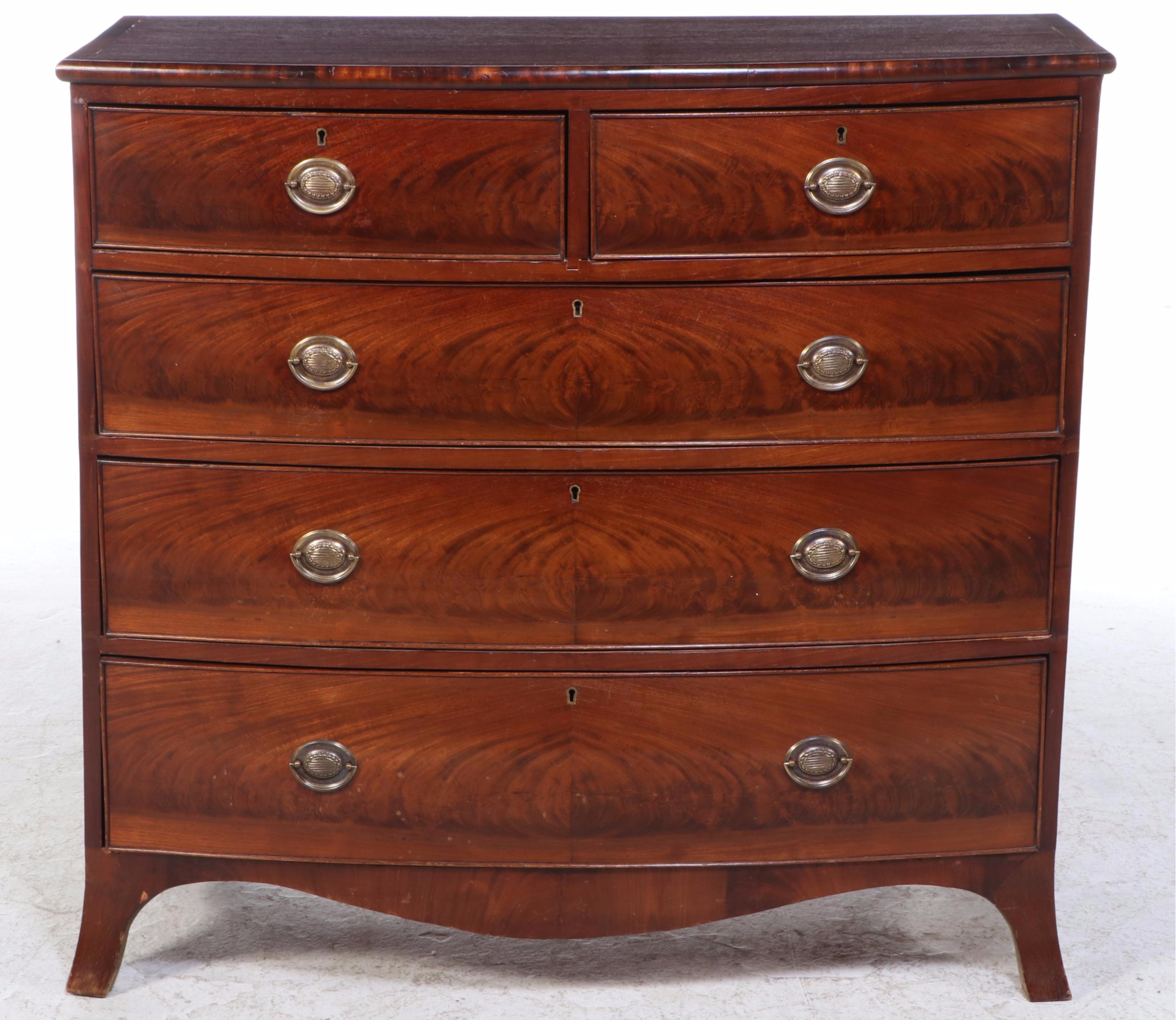 George III Flame Mahogany Five-Drawer Bowfront Chest, Circa 1800