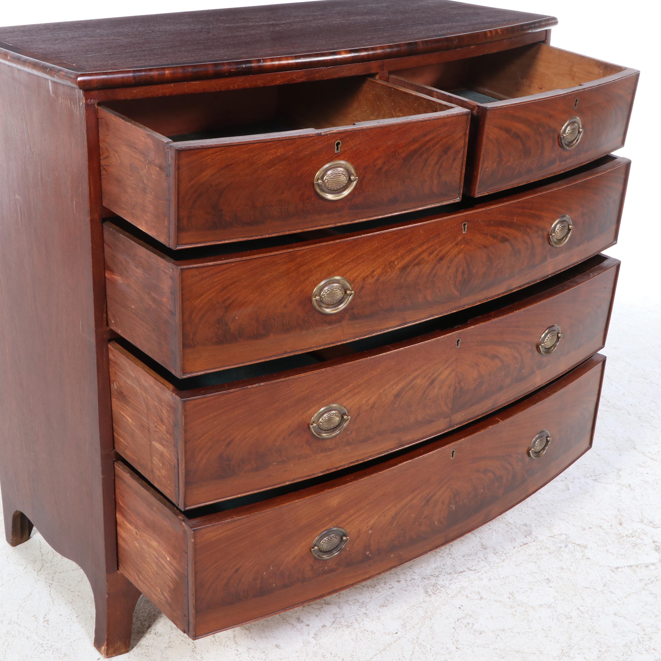 George III Flame Mahogany Five-Drawer Bowfront Chest, Circa 1800