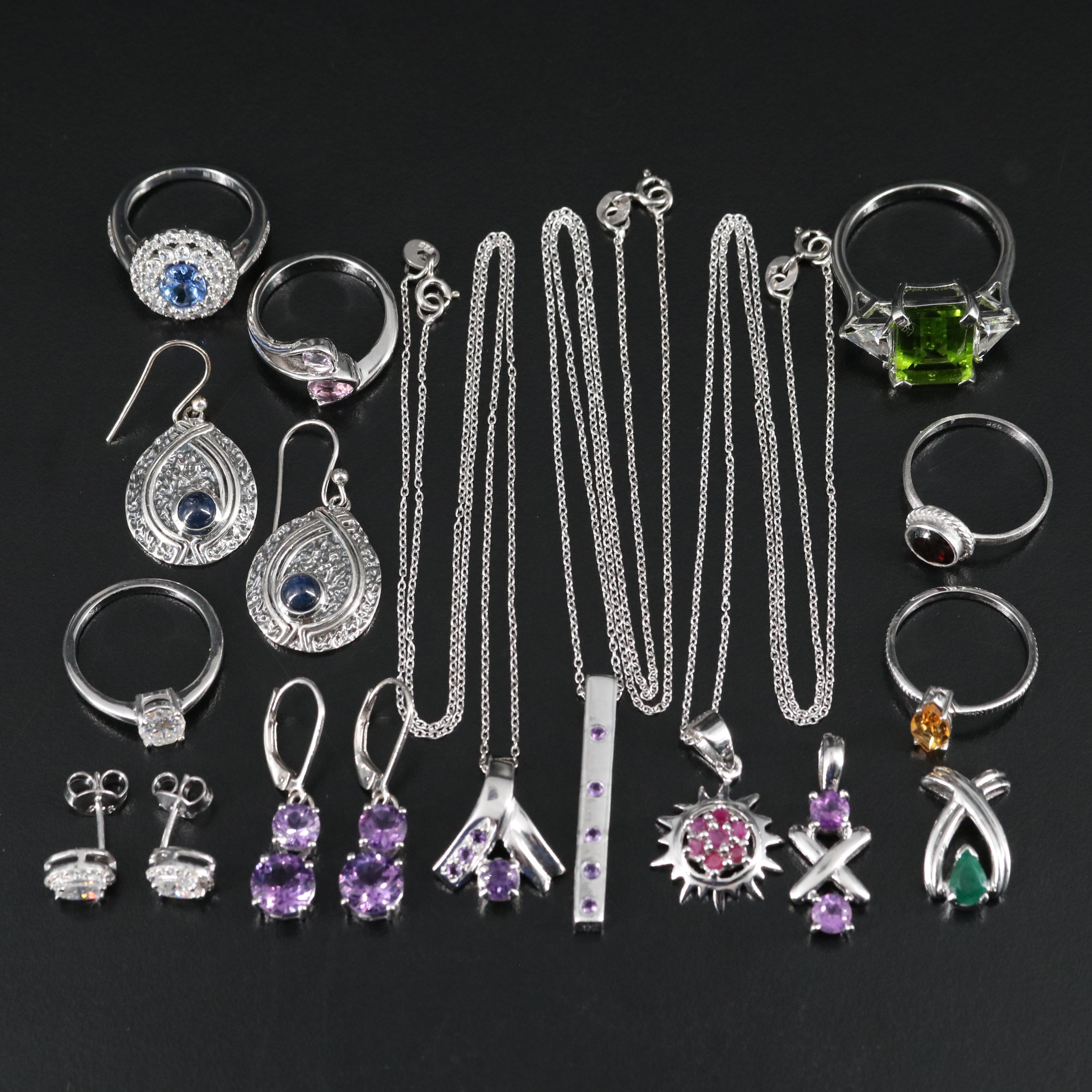 14 Assorted Sterling Silver Rings, Necklaces, Earrings, and Pendants