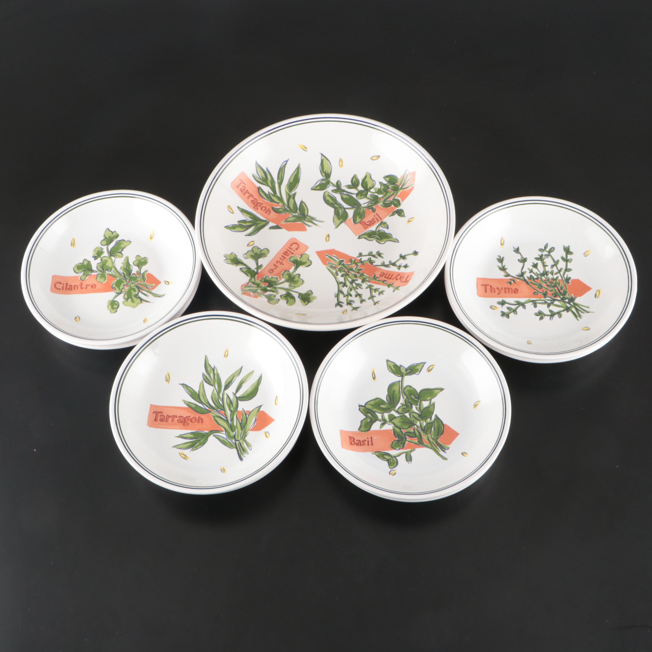 Pottery Barn Porcelain Soup Bowls and Serving Bowl with Herb Motif