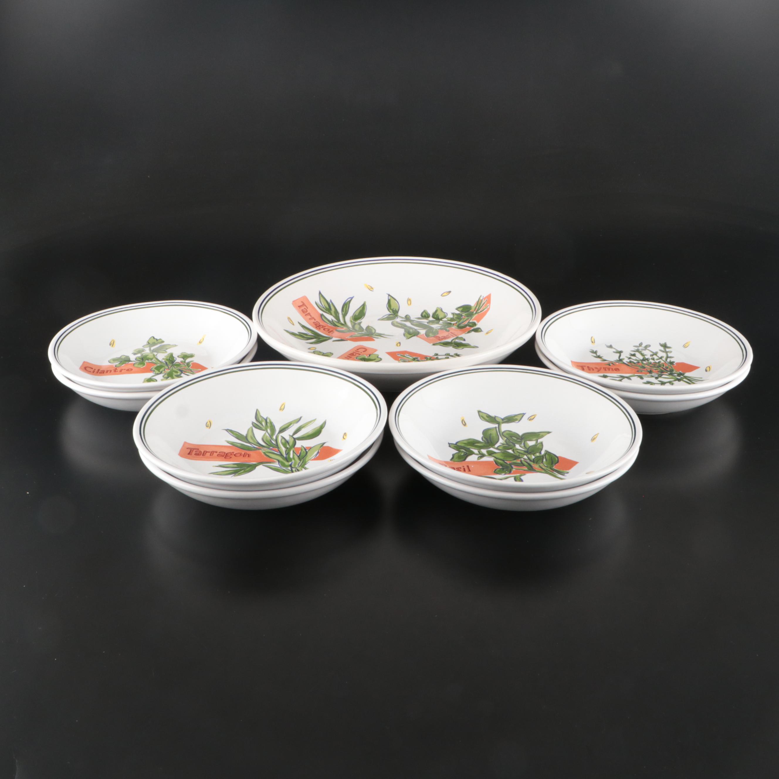 Pottery Barn Porcelain Soup Bowls and Serving Bowl with Herb Motif