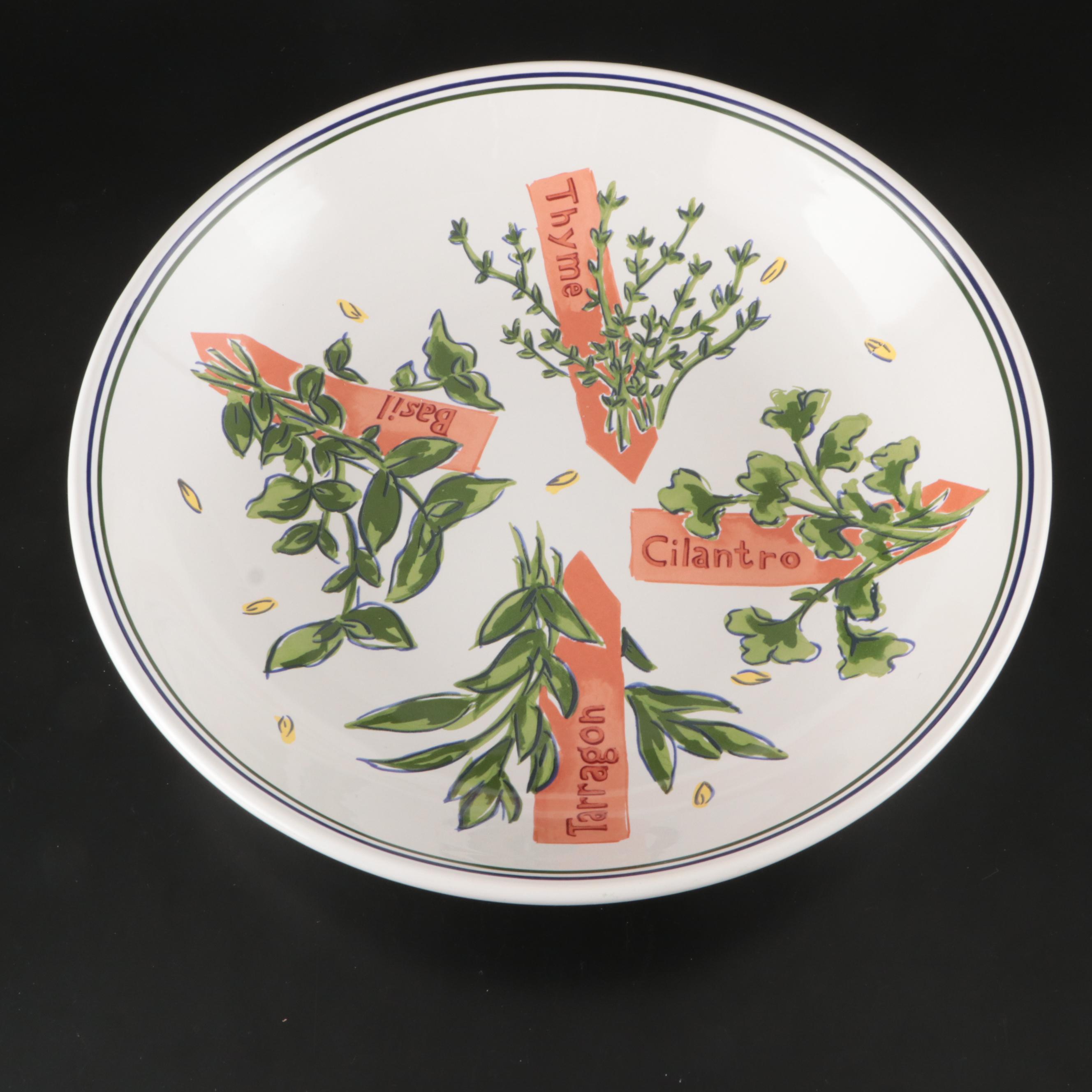 Pottery Barn Porcelain Soup Bowls and Serving Bowl with Herb Motif