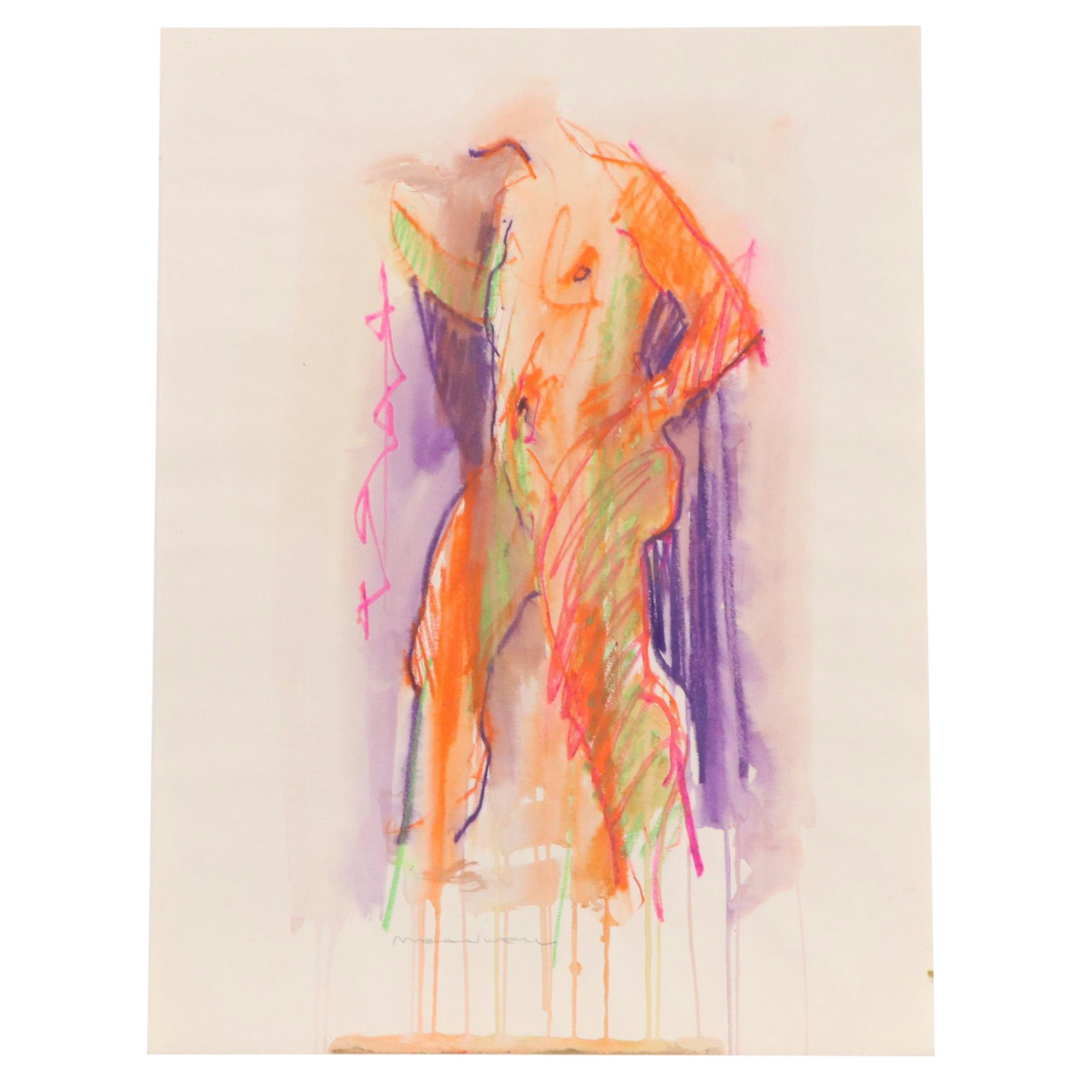 Jack Meanwell Watercolor and Oil Pastel Drawing: Modern Figural, Late 20th C.