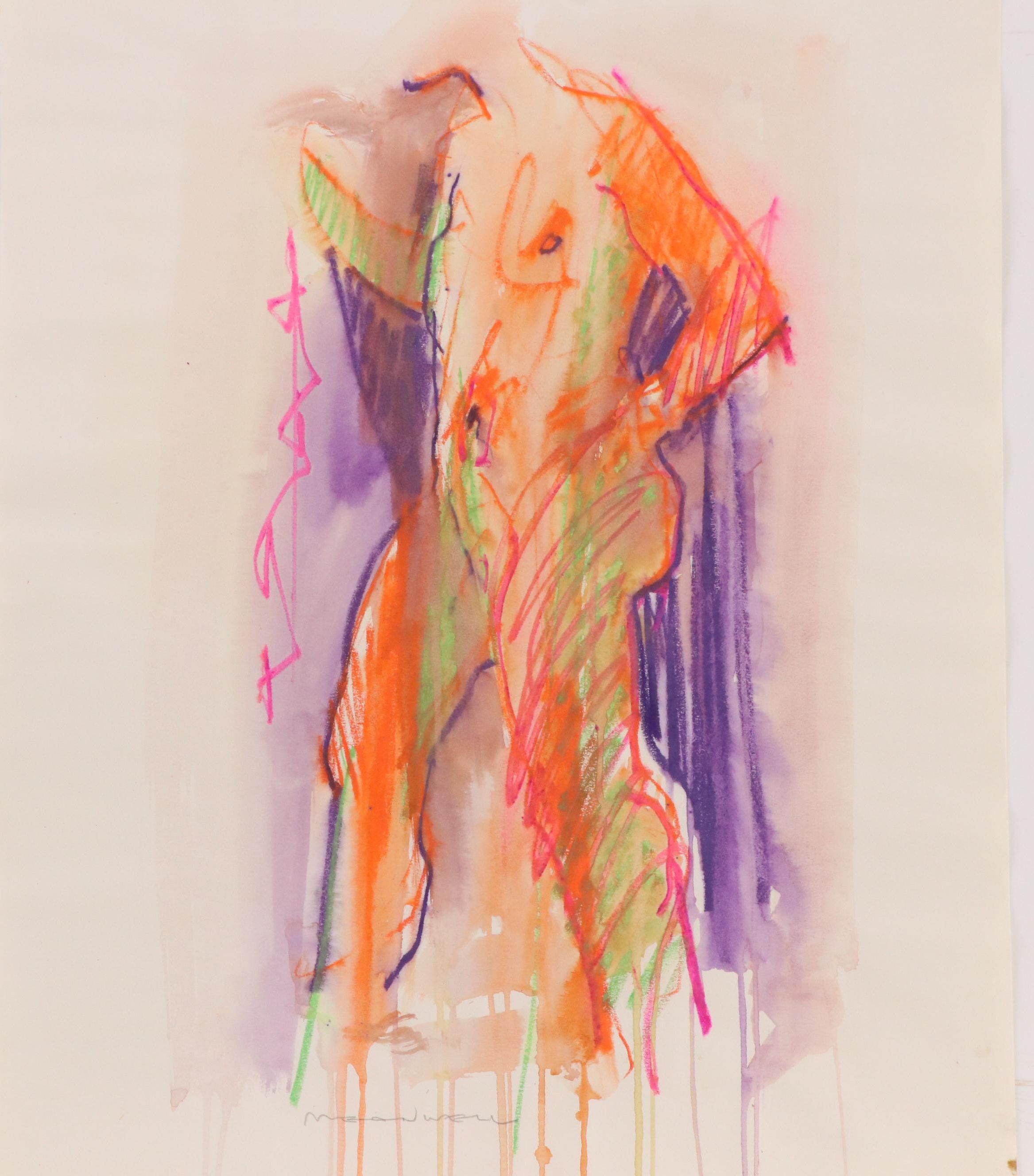 Jack Meanwell Watercolor and Oil Pastel Drawing: Modern Figural, Late 20th C.