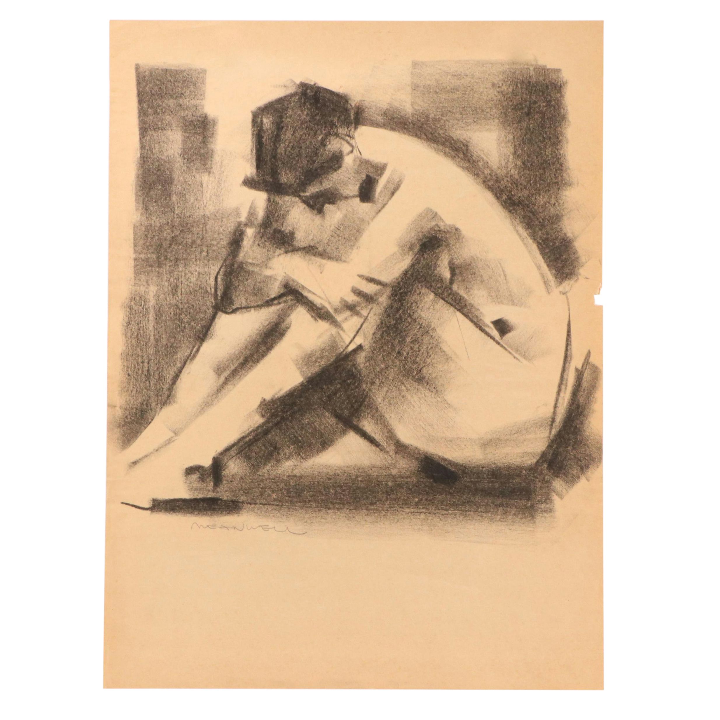 Jack Meanwell Modern Figural Oil Pastel Drawing, Late 20th Century