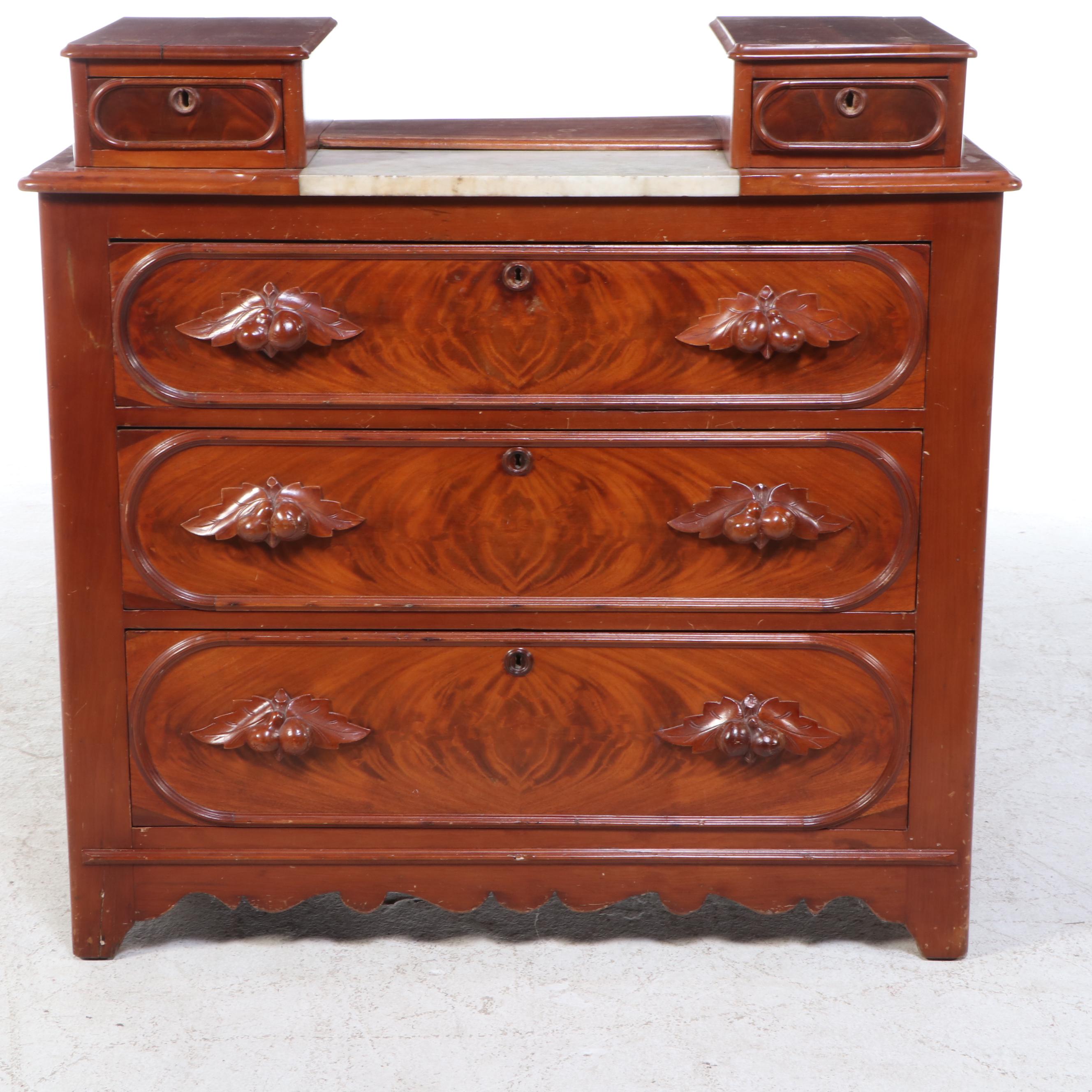 Victorian Marble Top Mahogany and Burl Wood Chest of Drawers, 19th Century