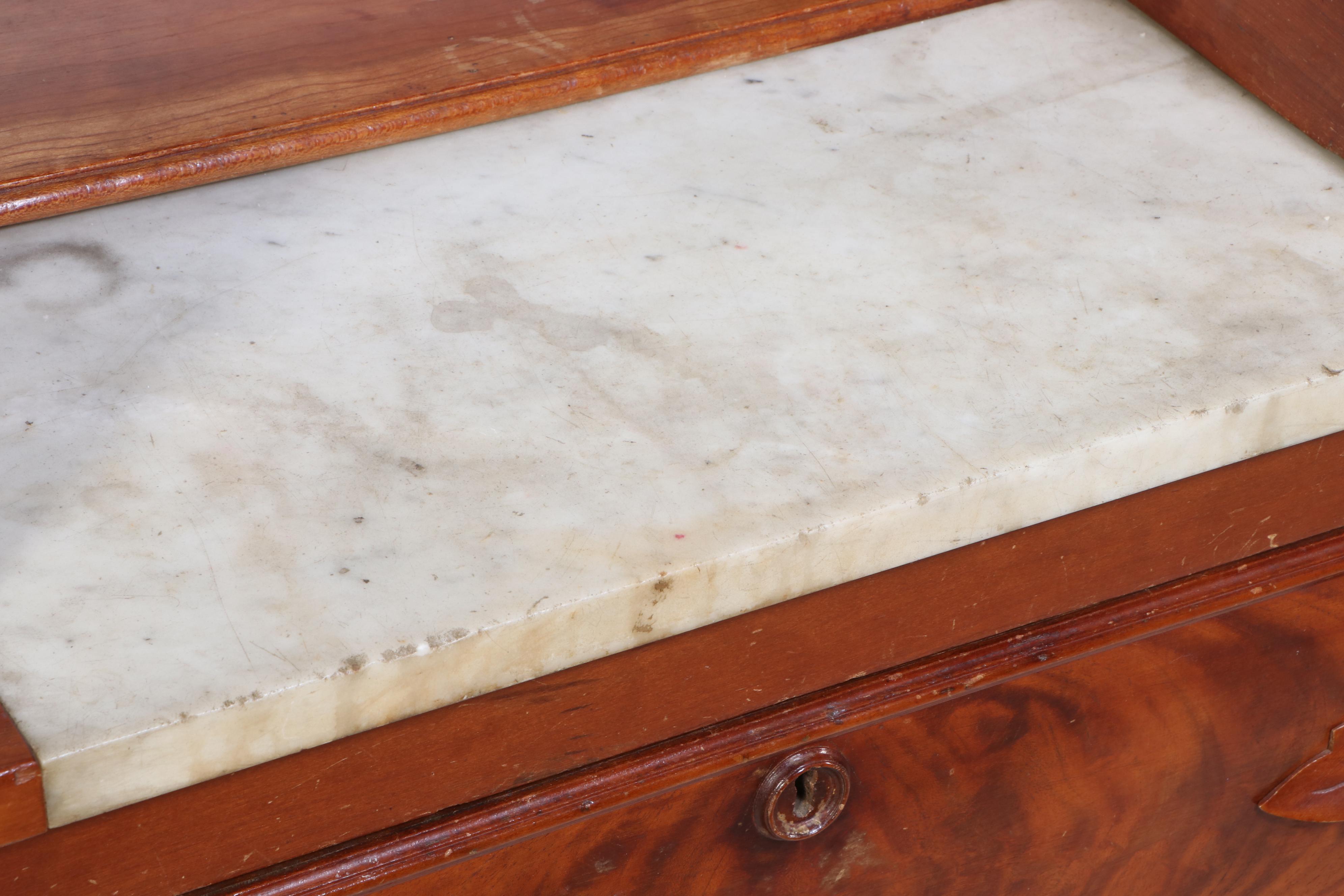 Victorian Marble Top Mahogany and Burl Wood Chest of Drawers, 19th Century