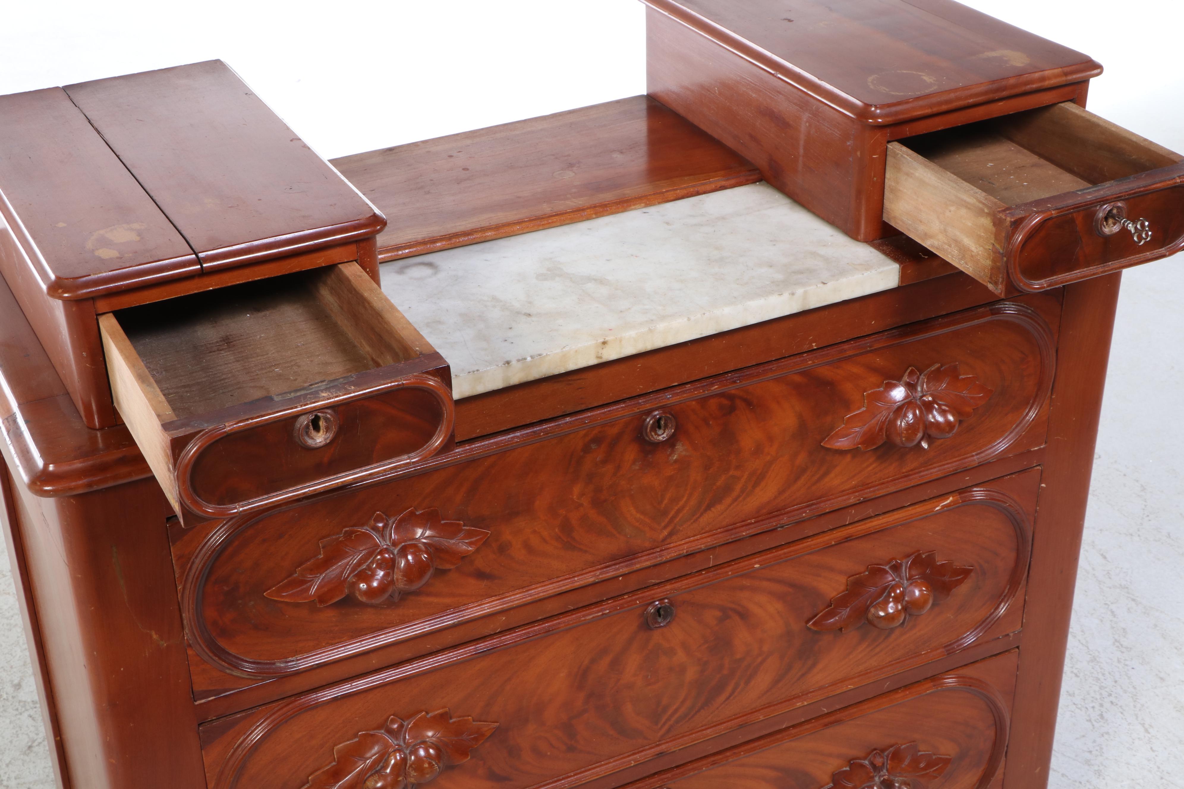 Victorian Marble Top Mahogany and Burl Wood Chest of Drawers, 19th Century