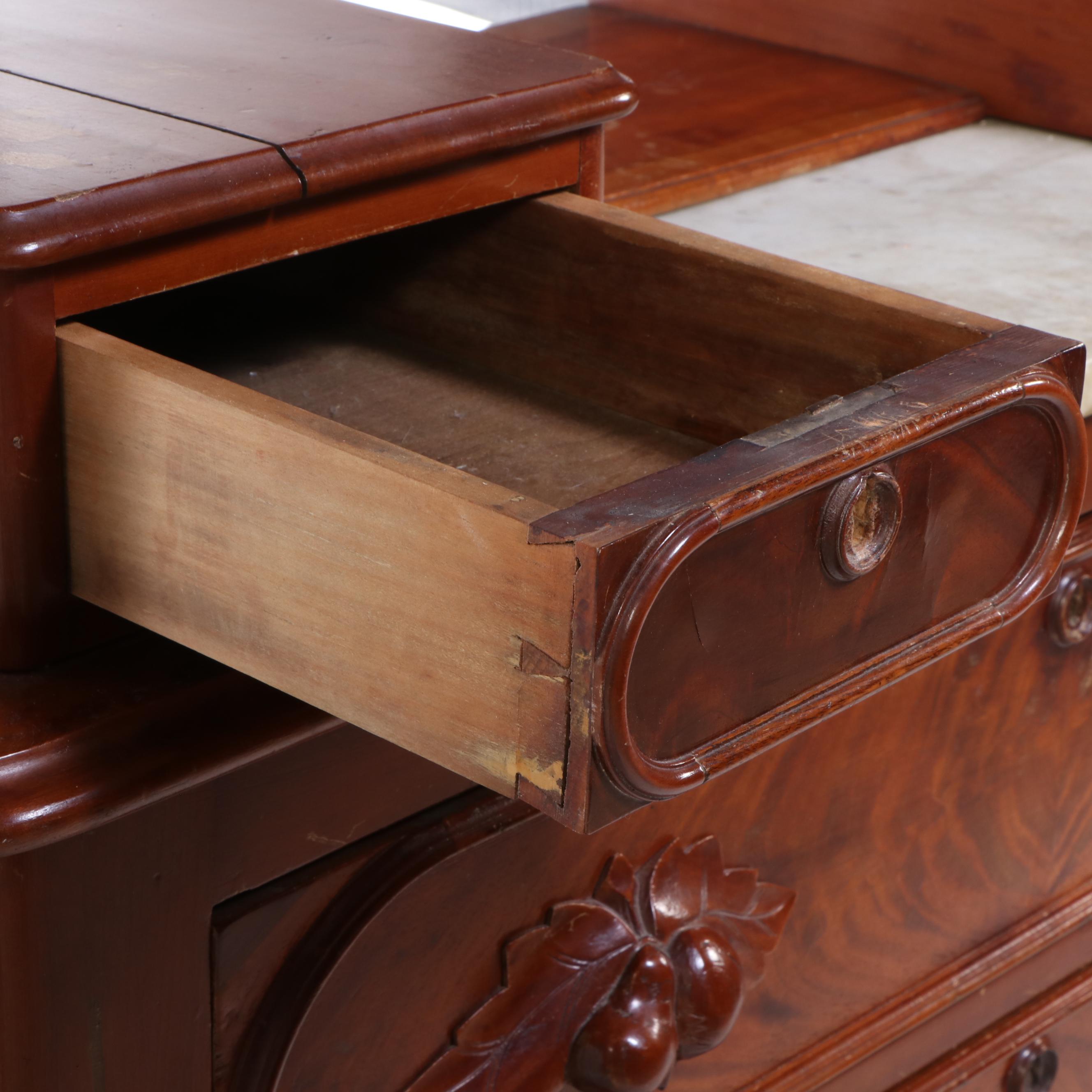 Victorian Marble Top Mahogany and Burl Wood Chest of Drawers, 19th Century