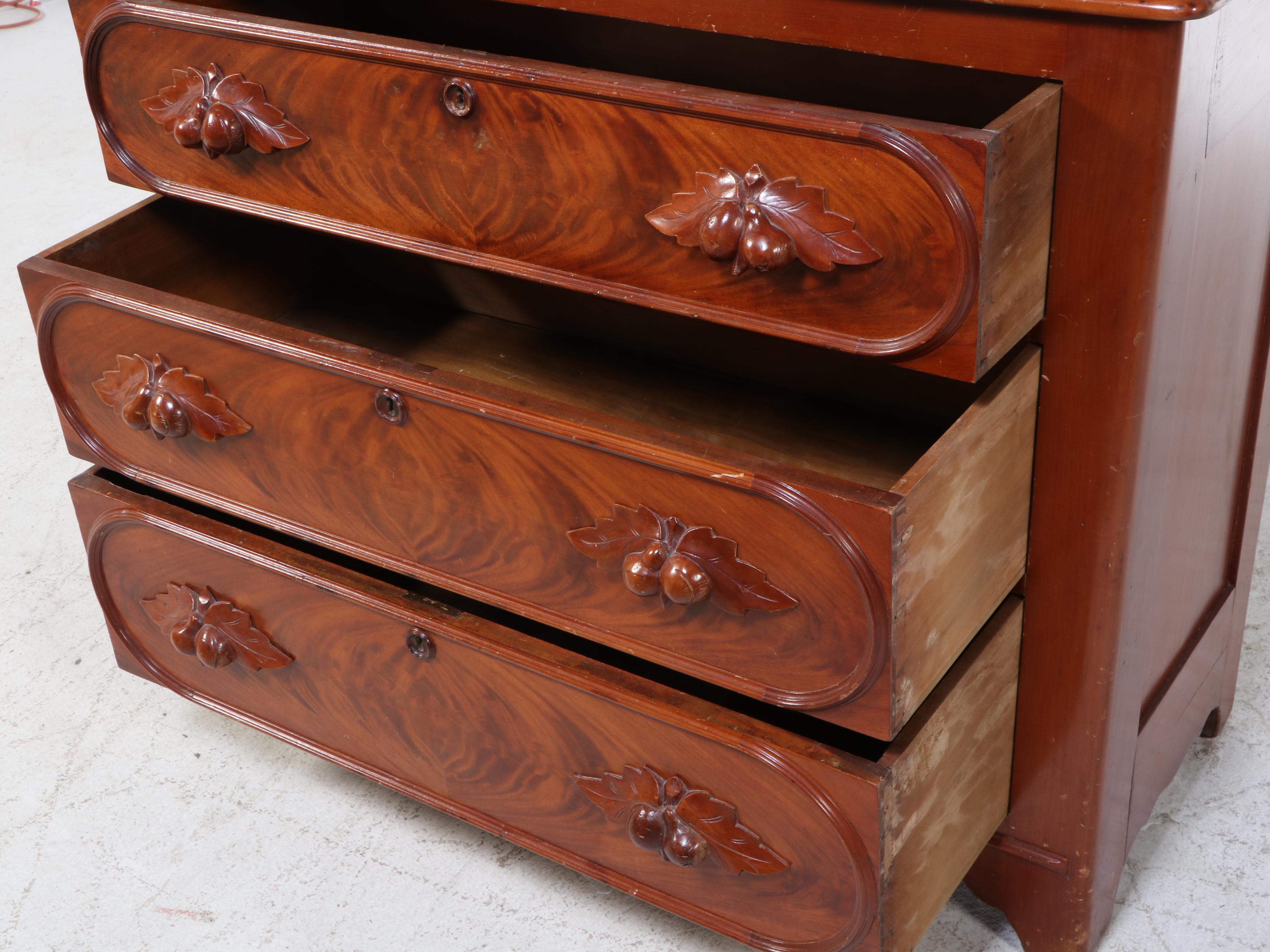 Victorian Marble Top Mahogany and Burl Wood Chest of Drawers, 19th Century