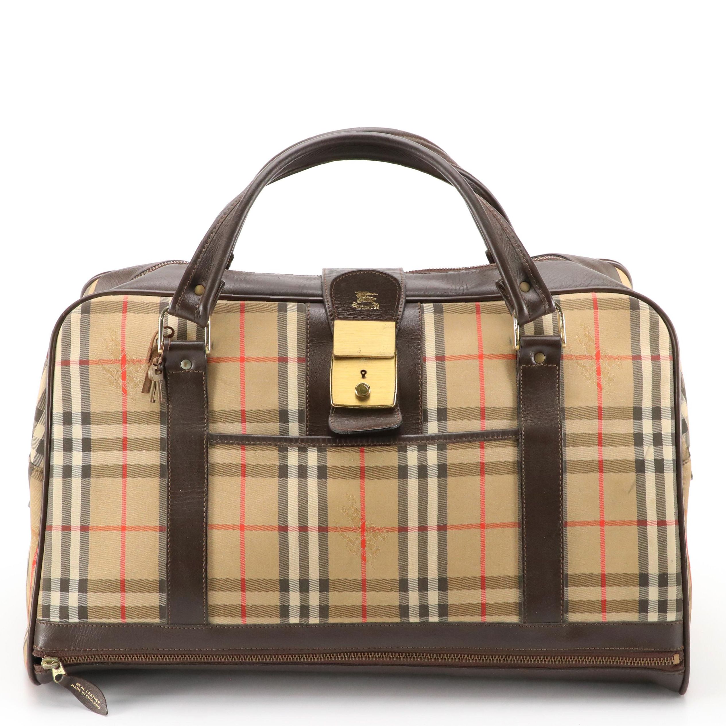 Burberrys Haymarket Check Canvas Carry On Travel Bag with Brown Leather Trim