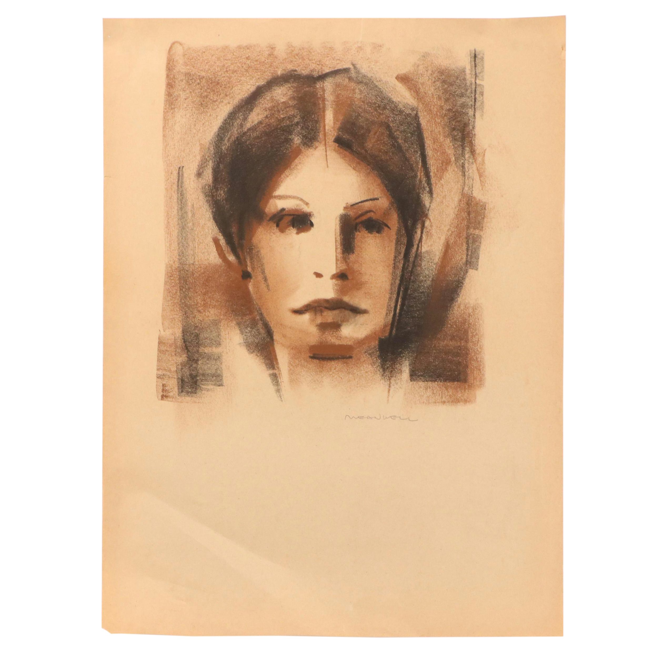 Jack Meanwell Portrait Oil Pastel Drawing, Late 20th Century