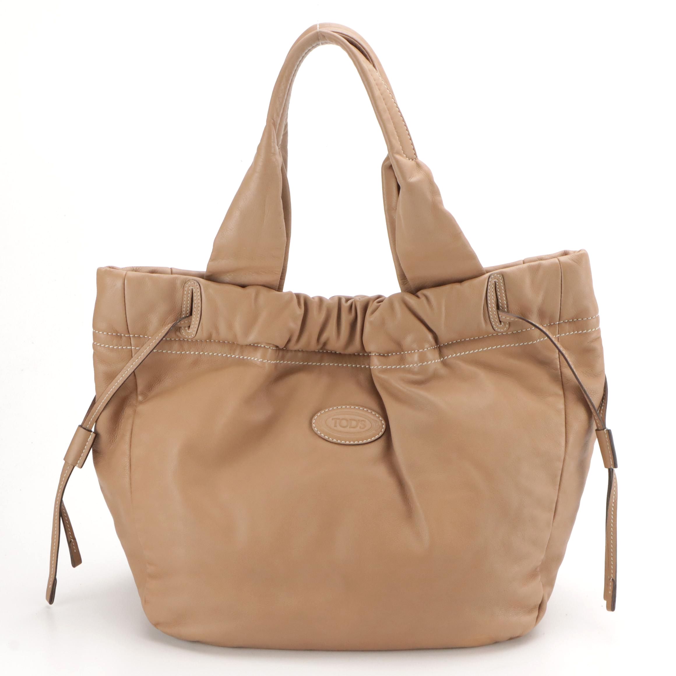 Tod's Drawstring Tote in Brown Calfskin Leather
