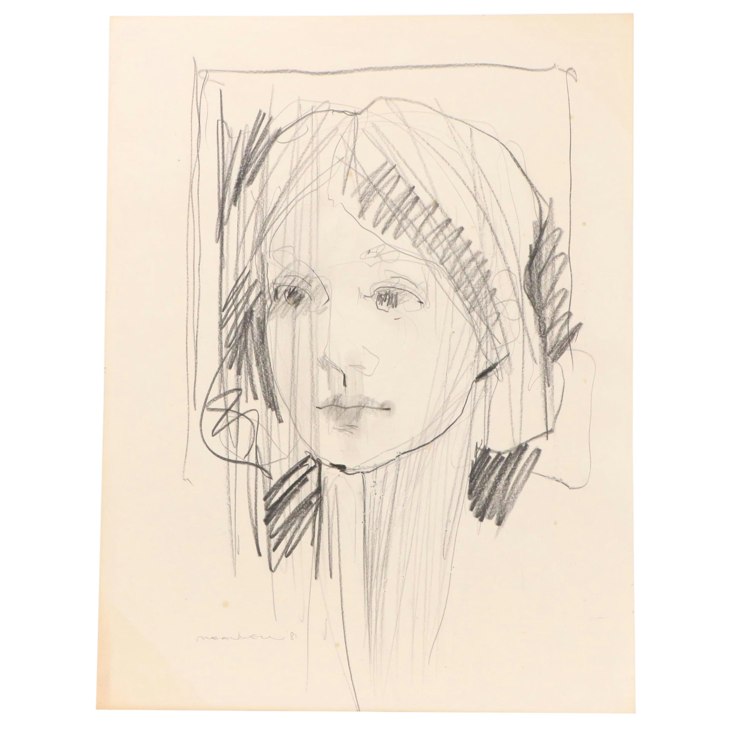 Jack Meanwell Modern Portrait Oil Pastel Drawing, 1981