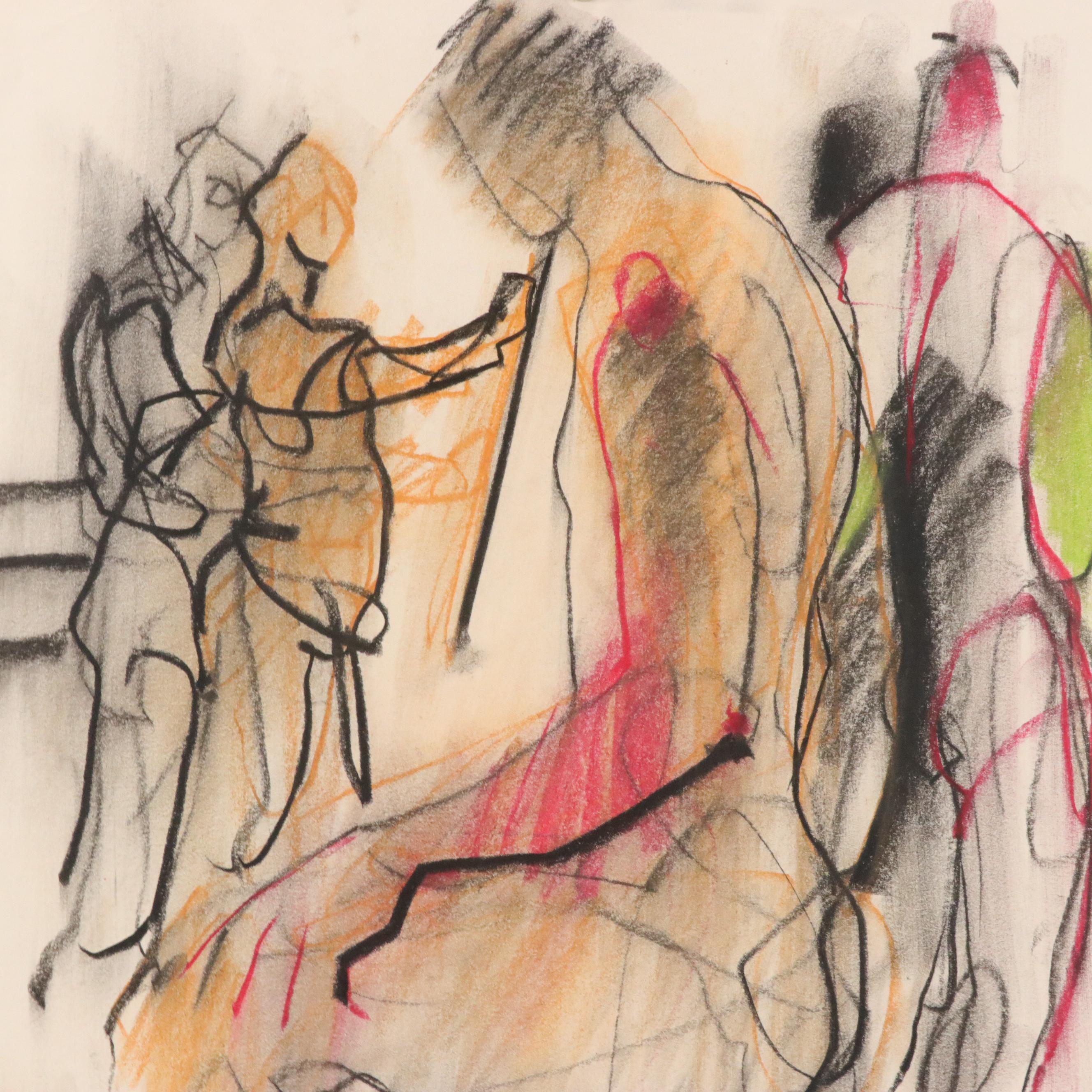 Jack Meanwell Figurative Oil Pastel Drawing, 1982