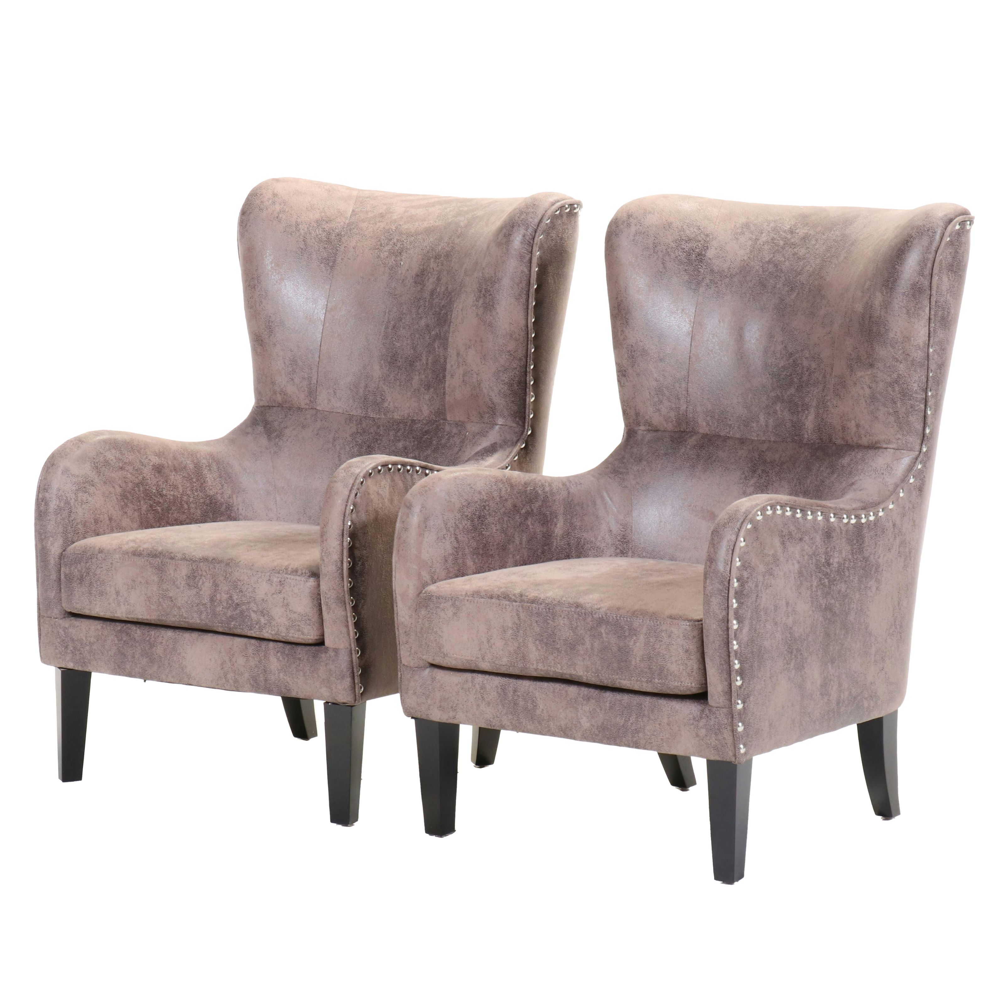 Pair of Noble House Home Furnishings Faux-Leather Wing Chairs with Nailheads