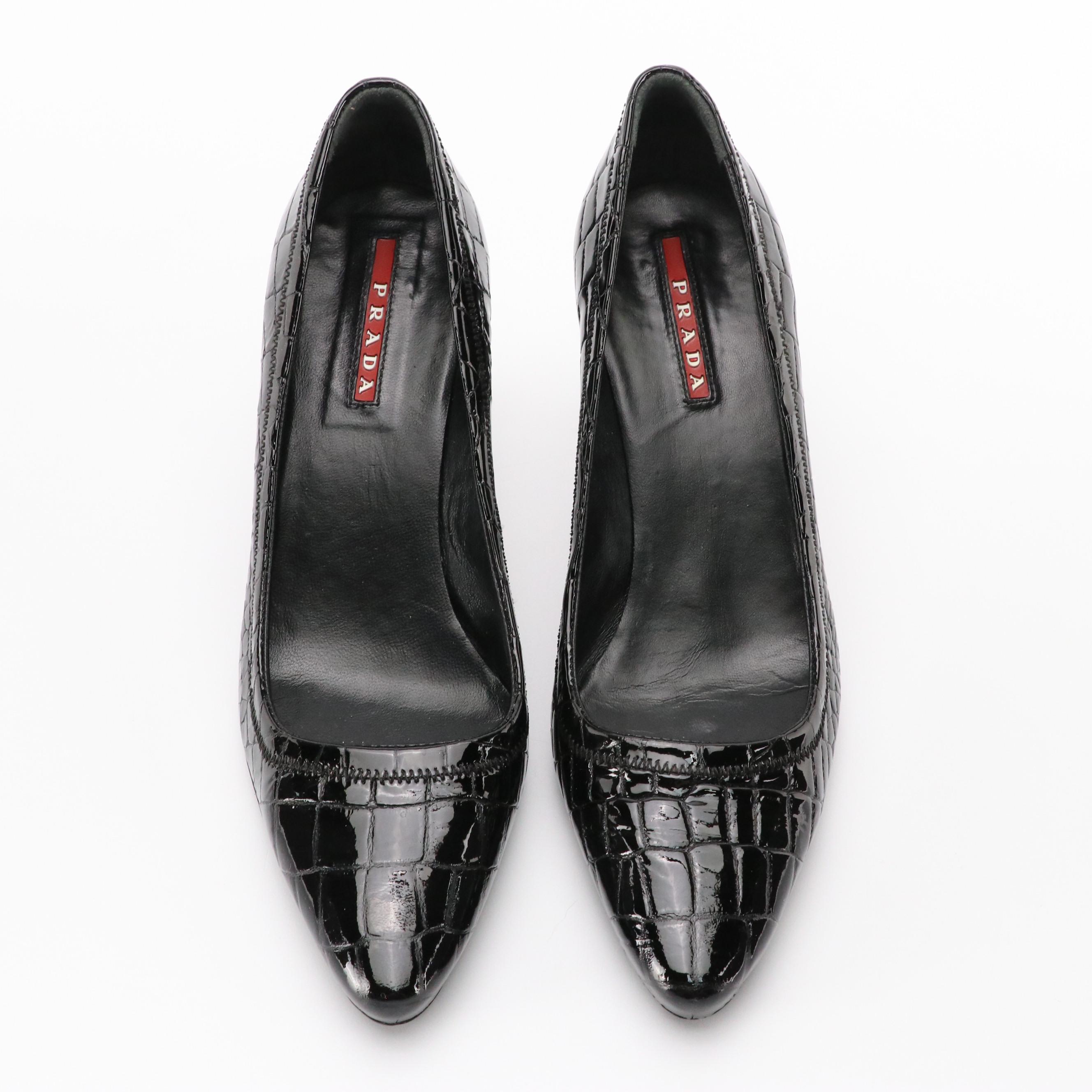 Prada Black Croc-Embossed Patent Leather Pumps