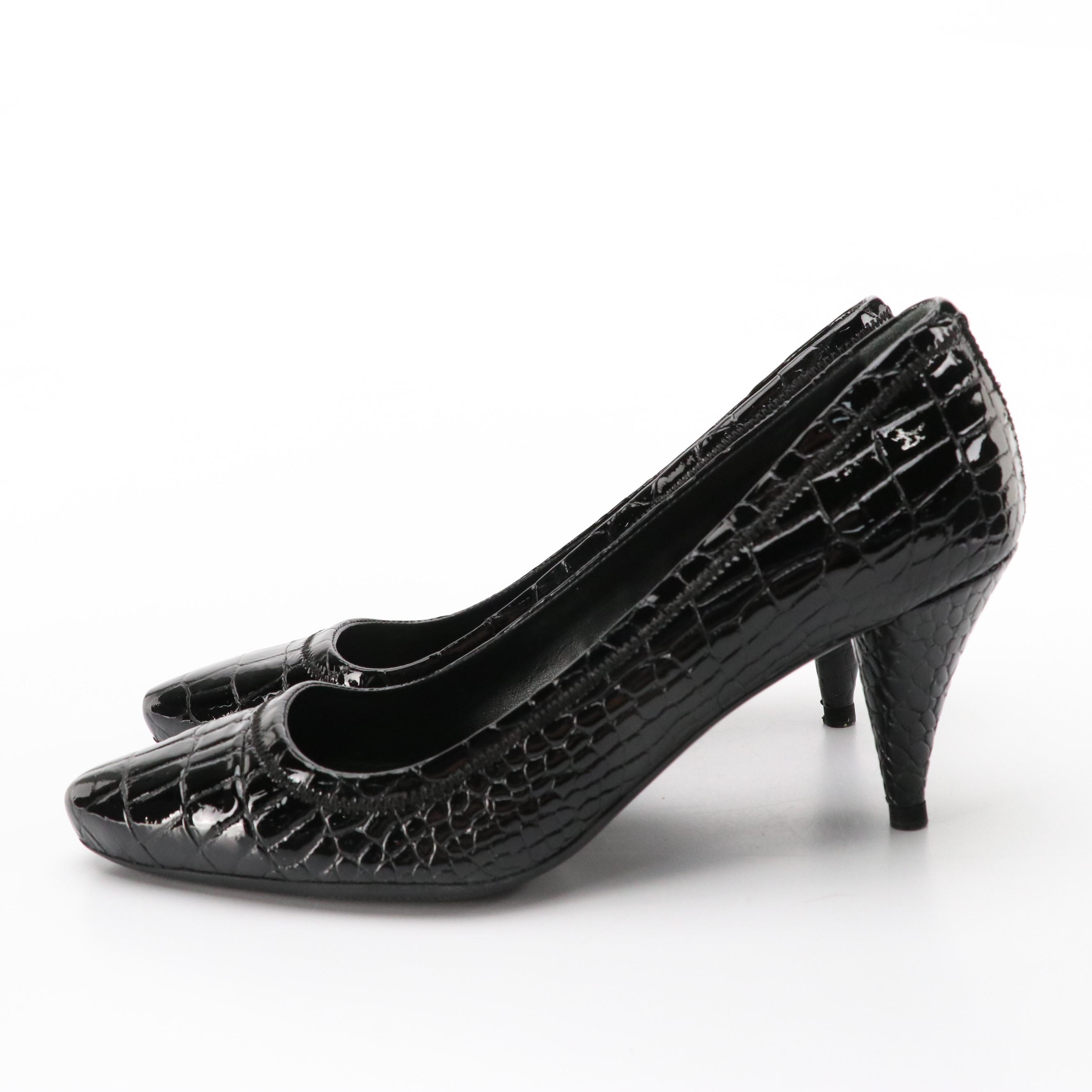 Prada Black Croc-Embossed Patent Leather Pumps