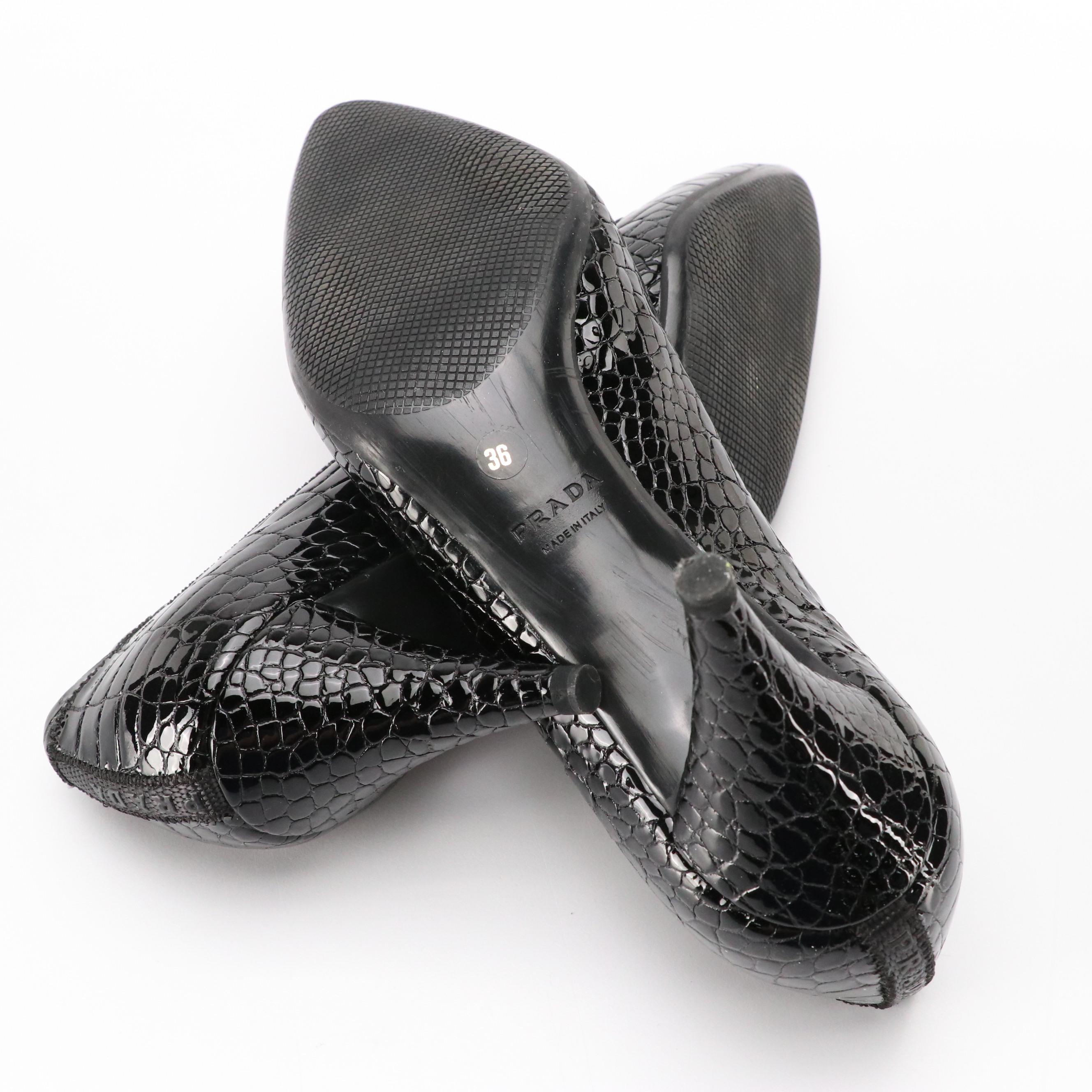Prada Black Croc-Embossed Patent Leather Pumps