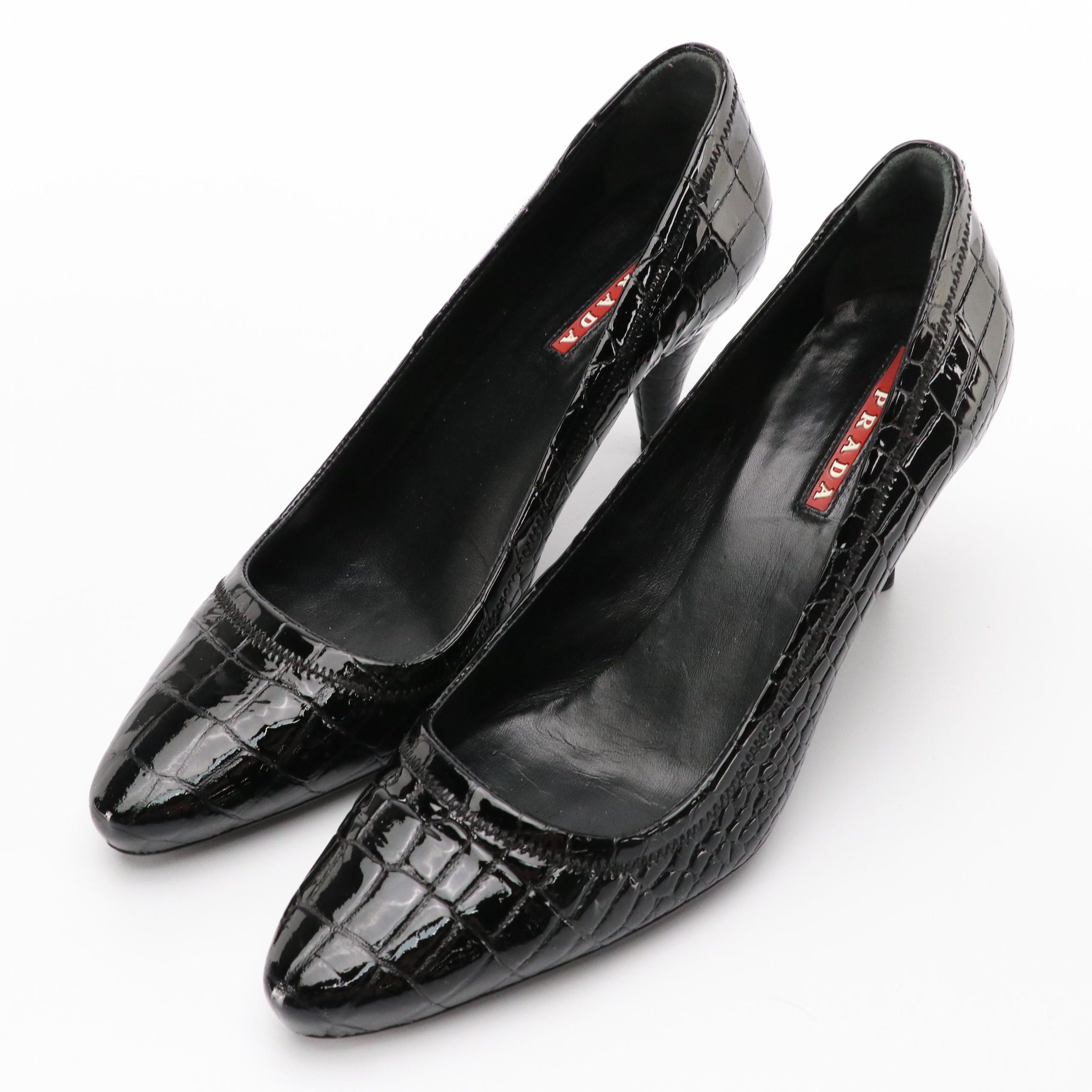 Prada Black Croc-Embossed Patent Leather Pumps