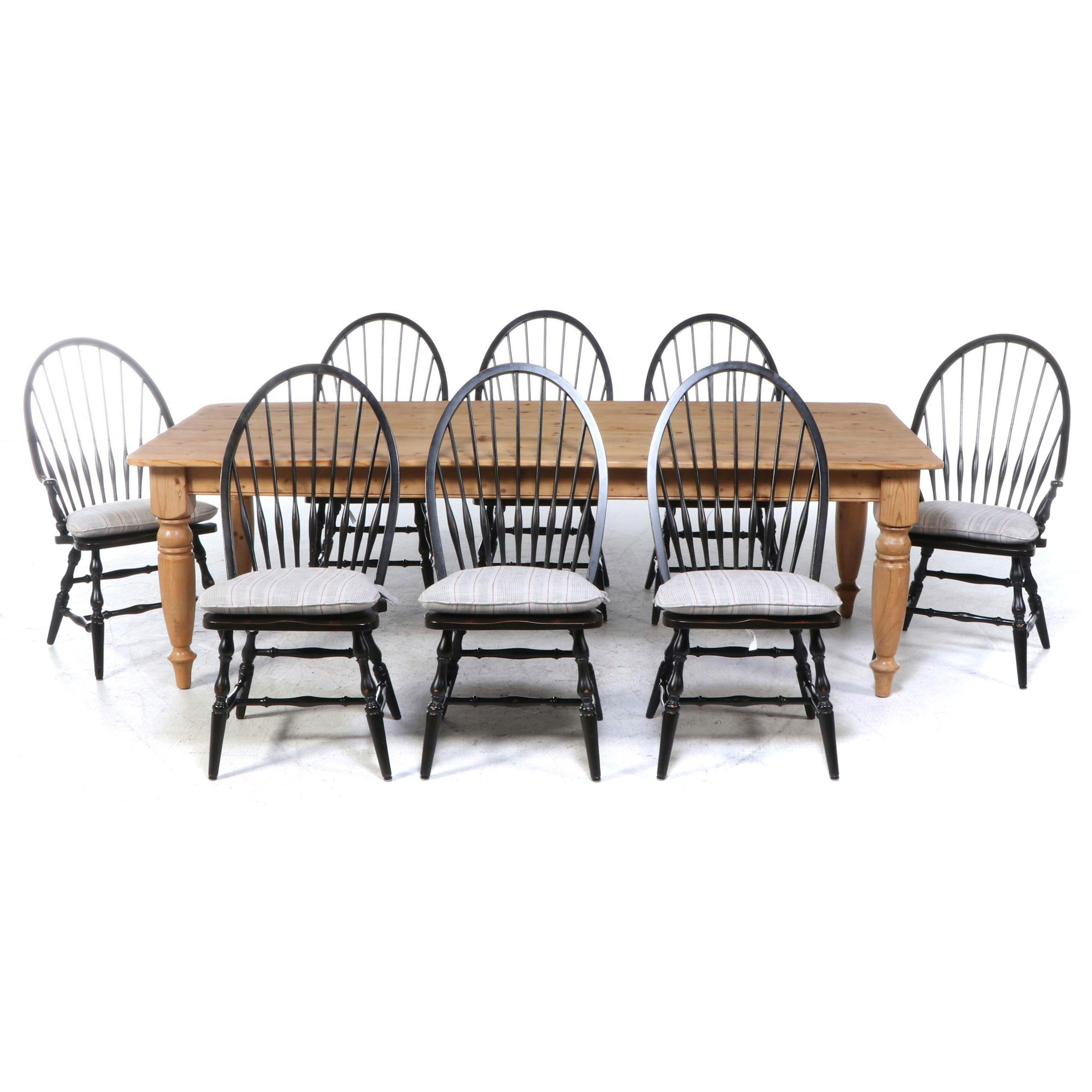 Farmhouse Style Pine Dining Table with Eight Windsor Dining Chairs