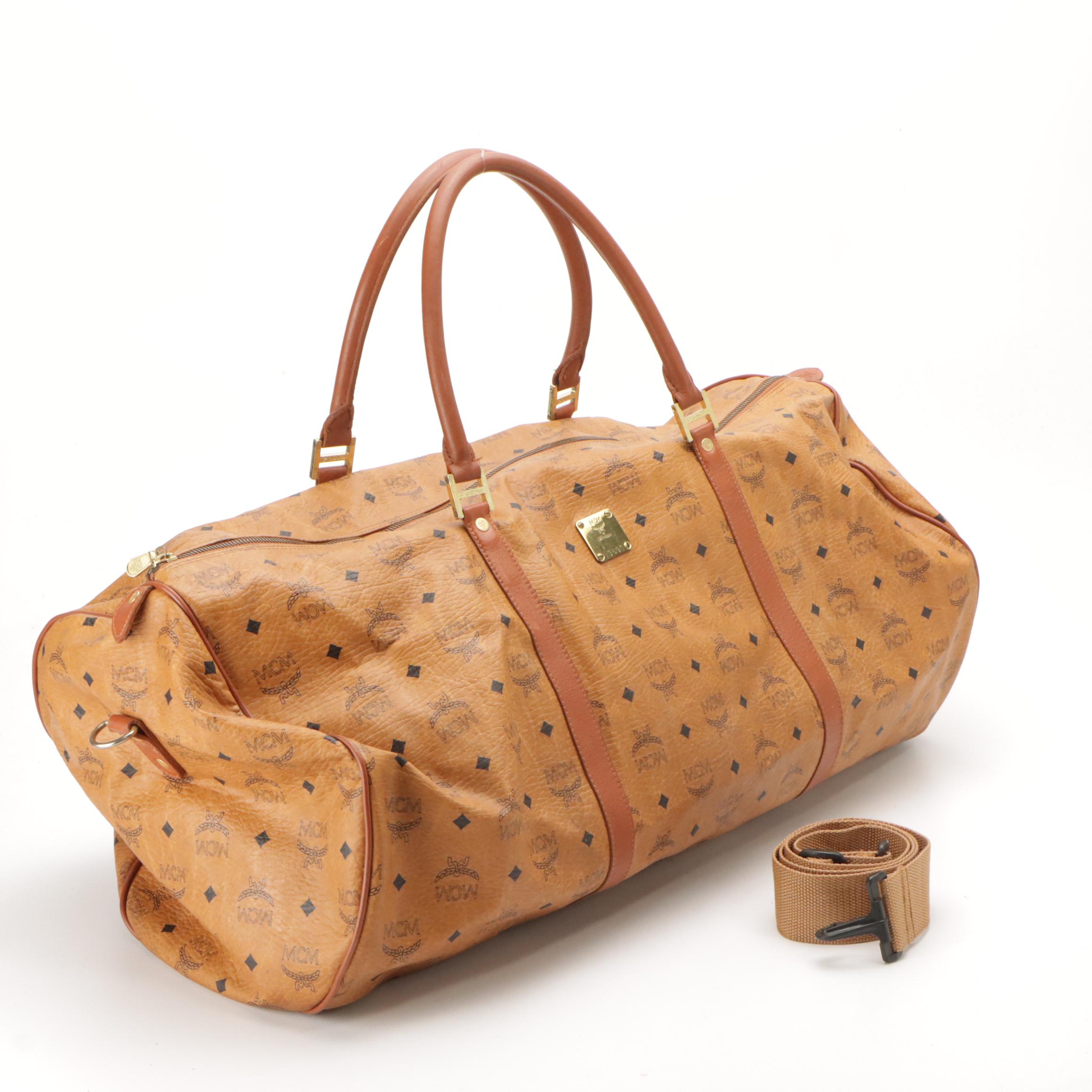 MCM Large Weekender Duffle Bag in Monogram Cognac Visetos Canvas & Leather Trim