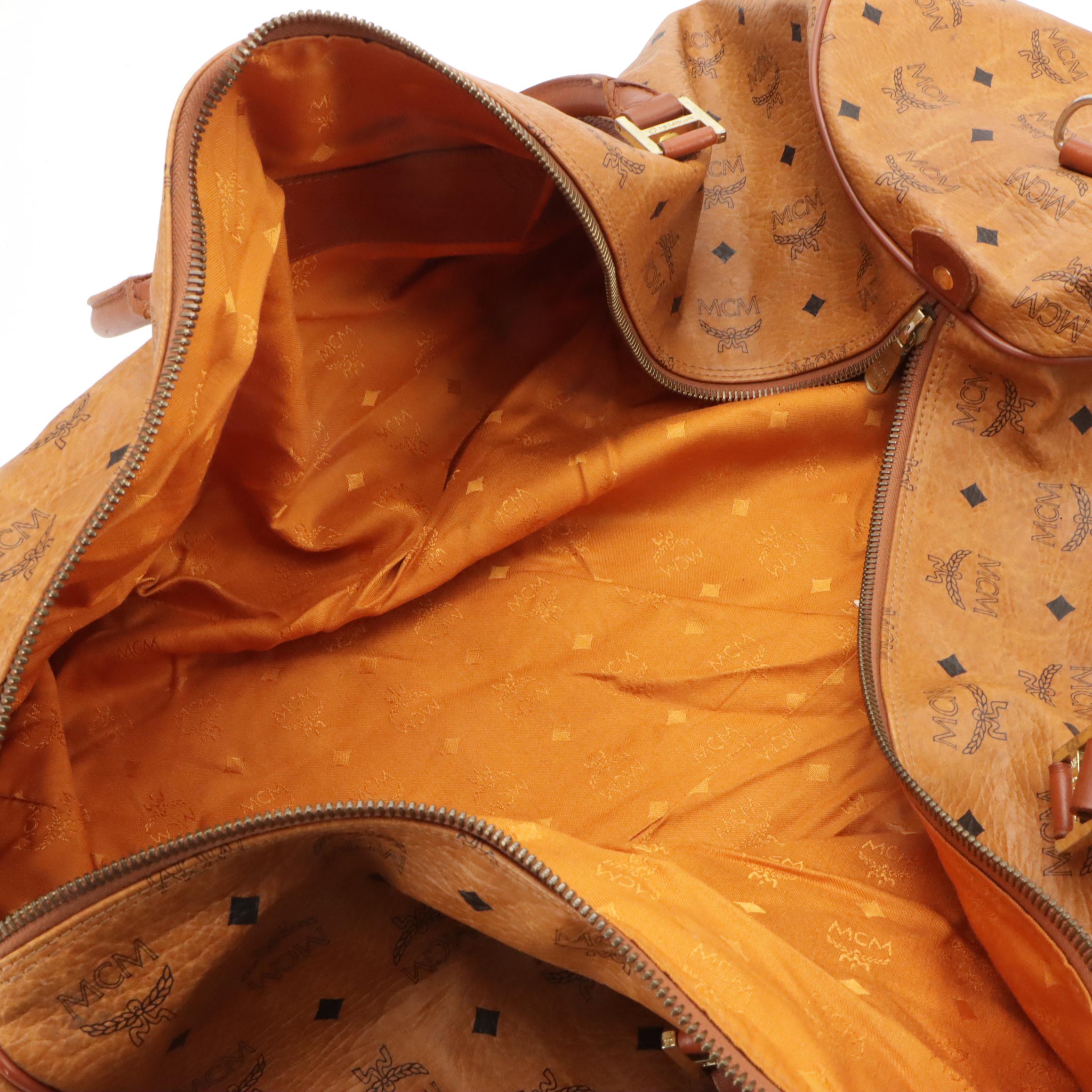 MCM Large Weekender Duffle Bag in Monogram Cognac Visetos Canvas & Leather Trim