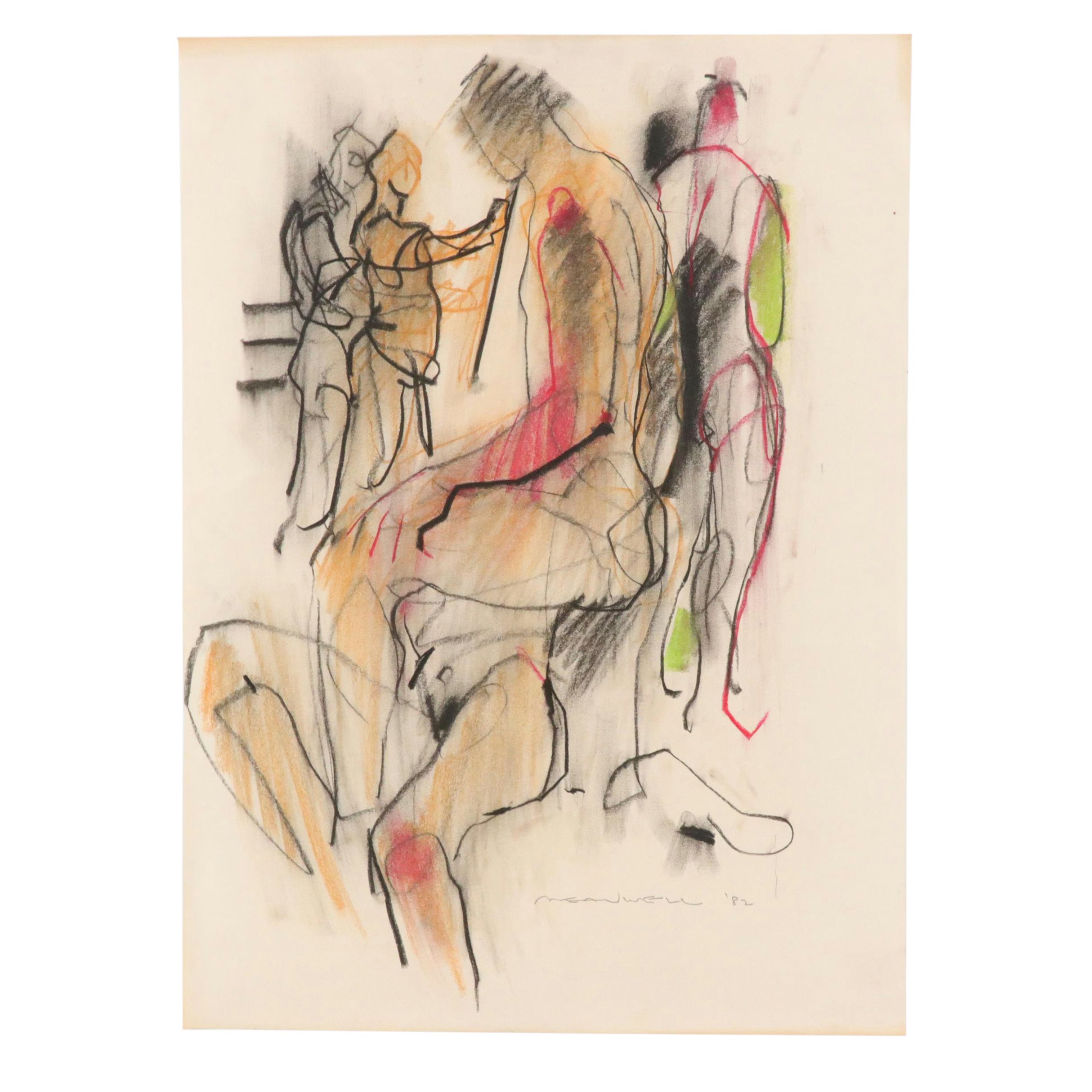 Jack Meanwell Figurative Oil Pastel Drawing, 1982