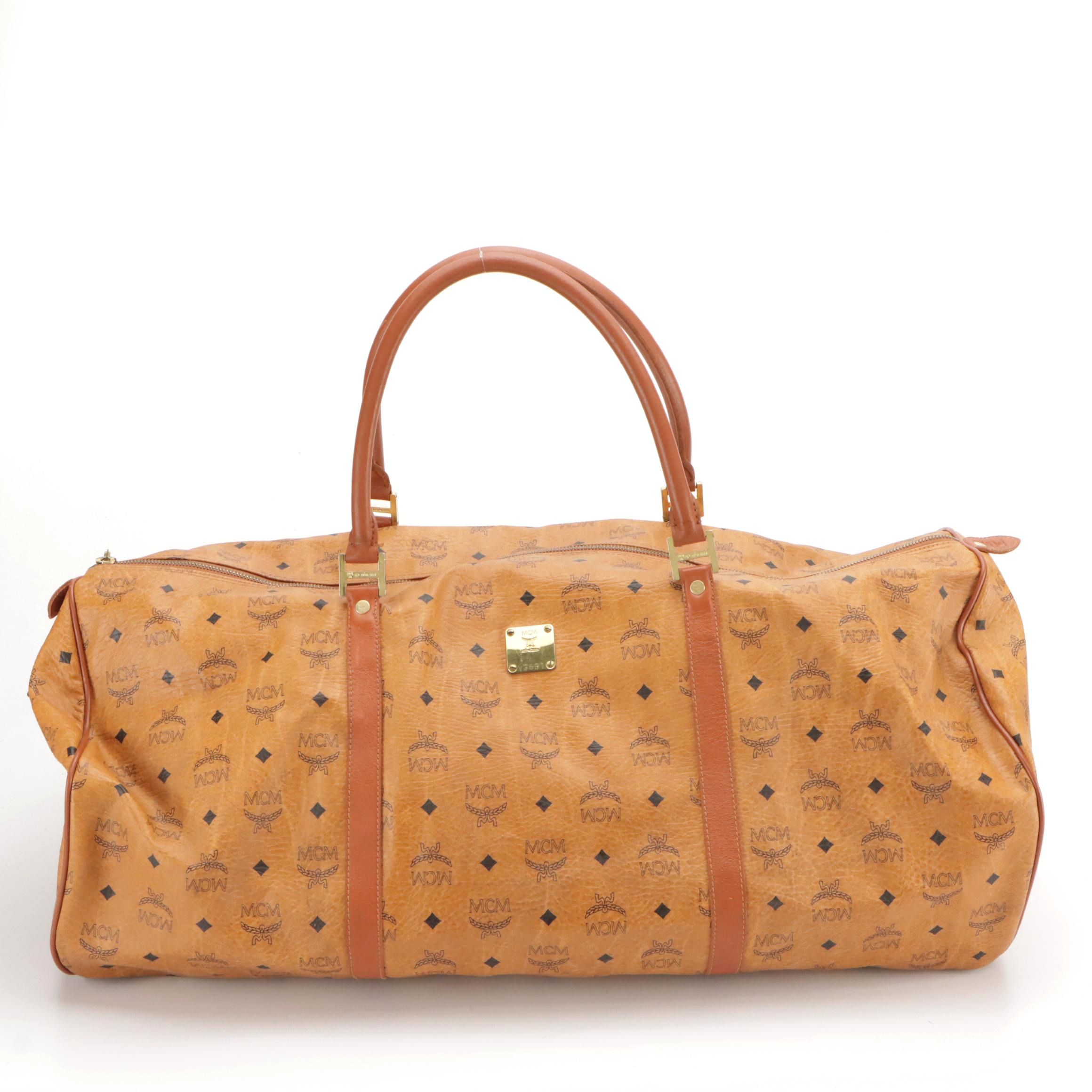 MCM Large Weekender Duffle Bag in Monogram Cognac Visetos Canvas & Leather Trim