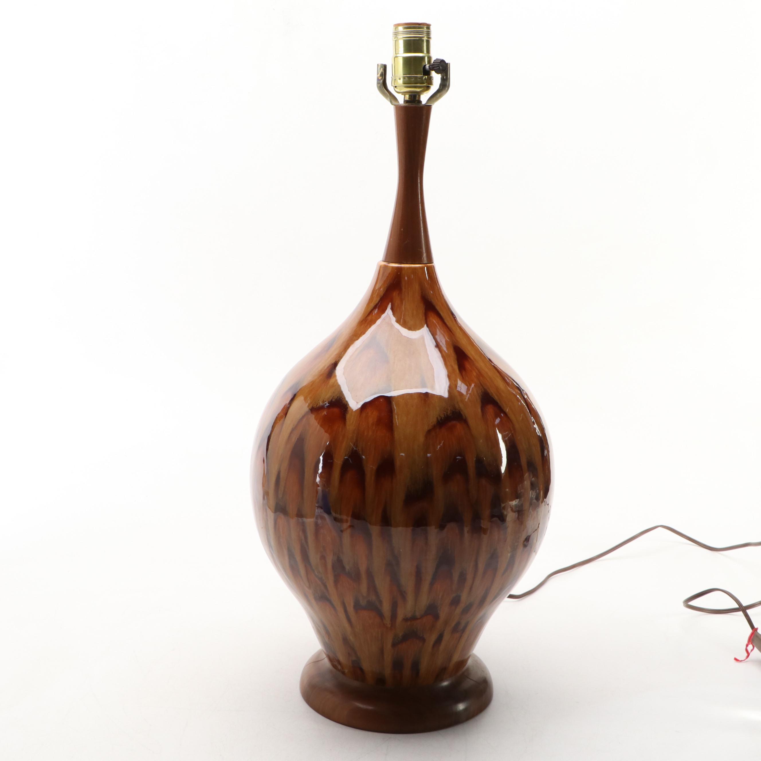 Mid Century Modern Drip Glaze Ceramic & Walnut Bowling Pin Lamp, Drum Shade