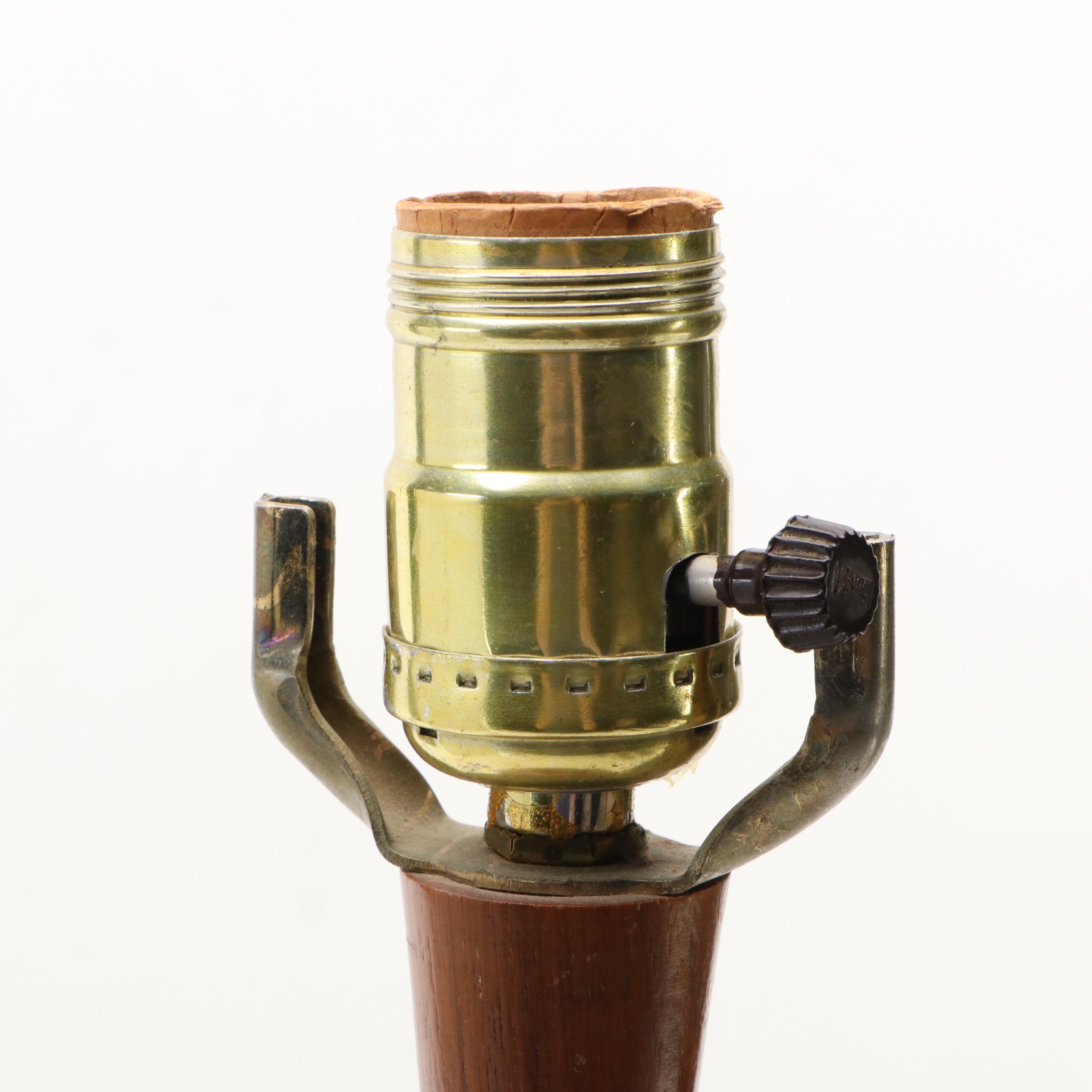 Mid Century Modern Drip Glaze Ceramic & Walnut Bowling Pin Lamp, Drum Shade