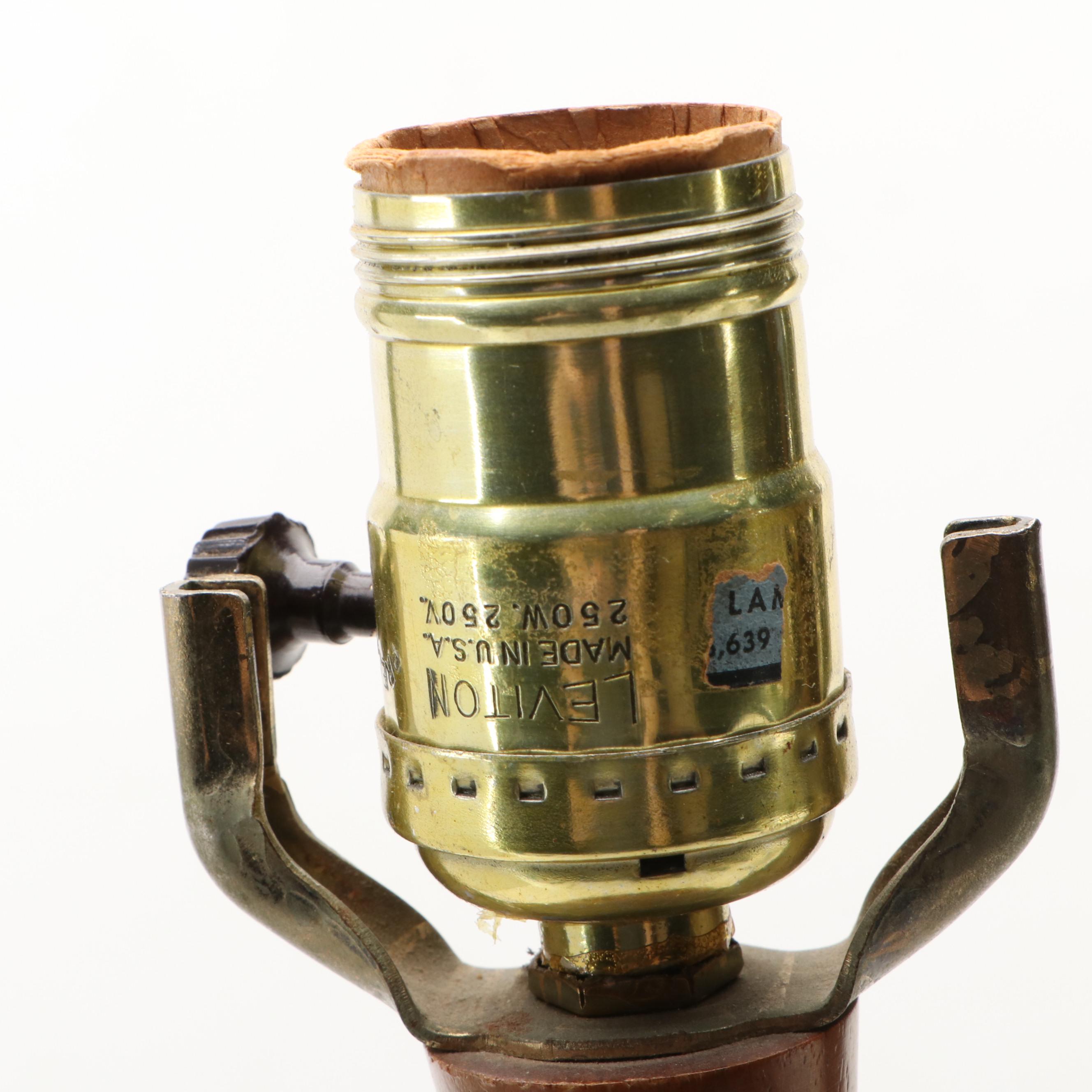 Mid Century Modern Drip Glaze Ceramic & Walnut Bowling Pin Lamp, Drum Shade