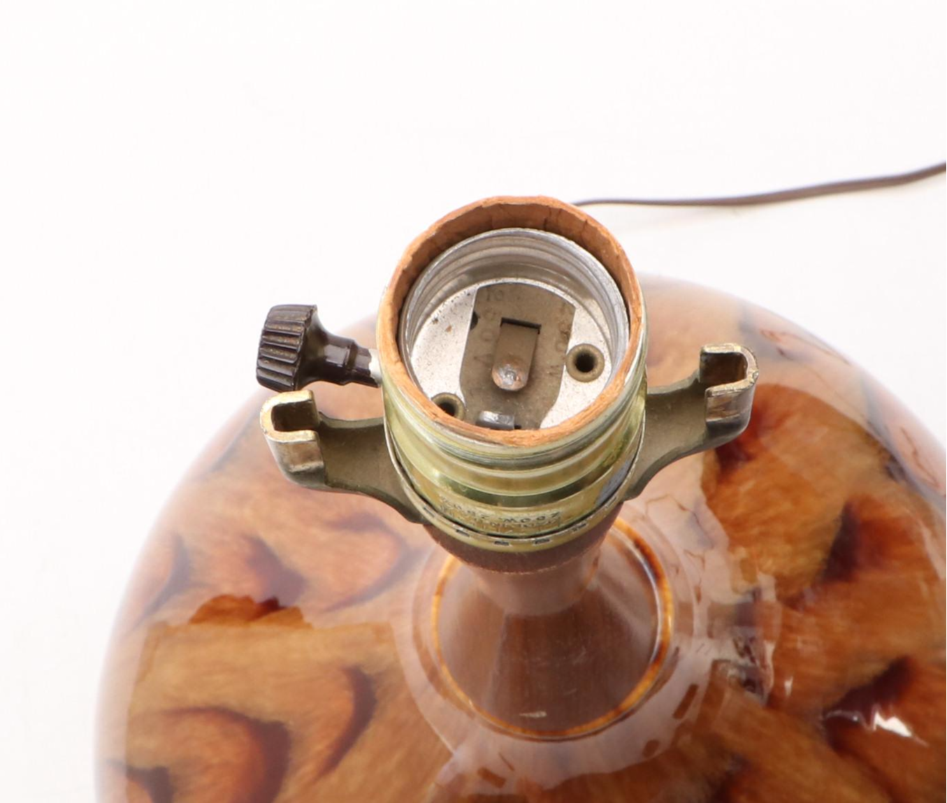 Mid Century Modern Drip Glaze Ceramic & Walnut Bowling Pin Lamp, Drum Shade