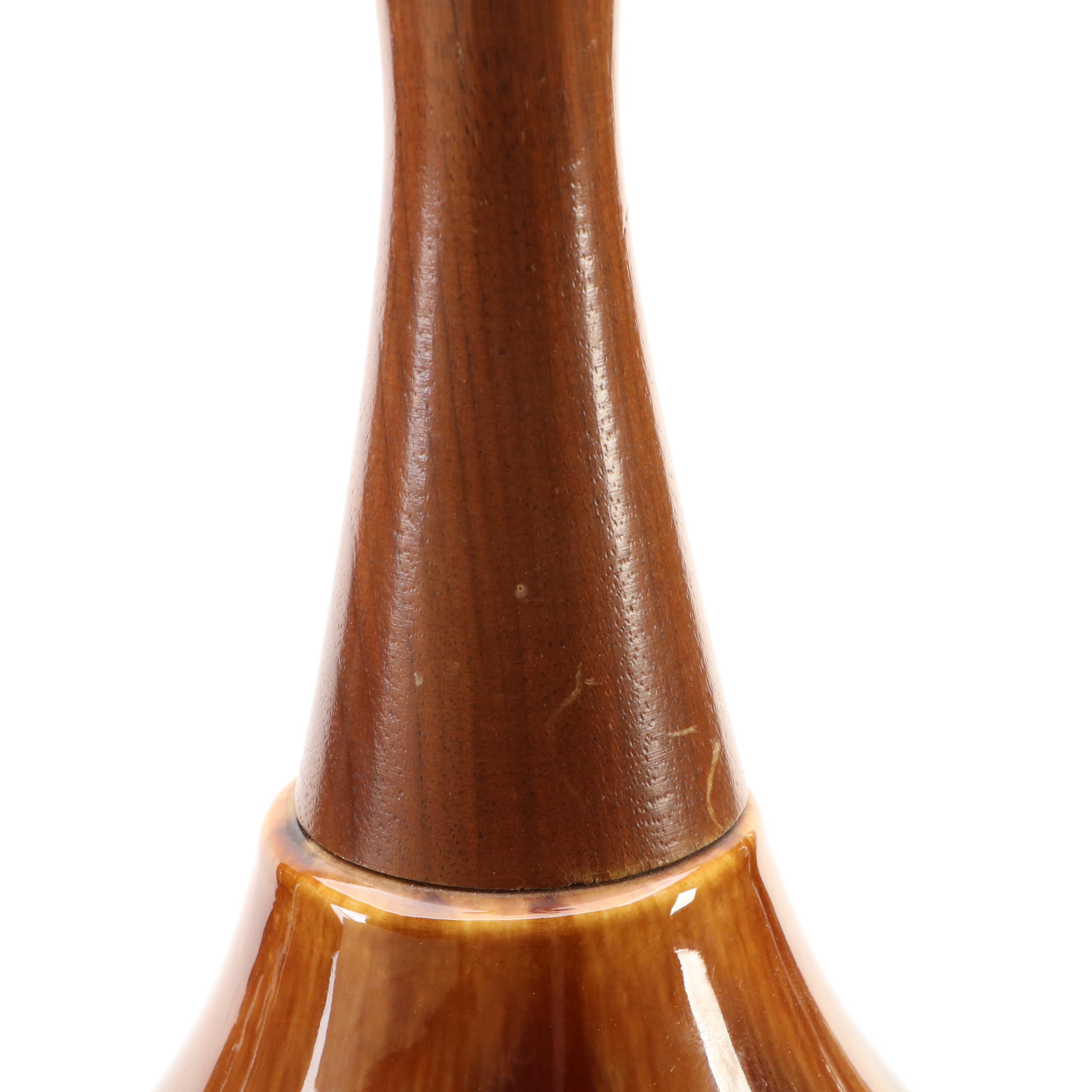 Mid Century Modern Drip Glaze Ceramic & Walnut Bowling Pin Lamp, Drum Shade