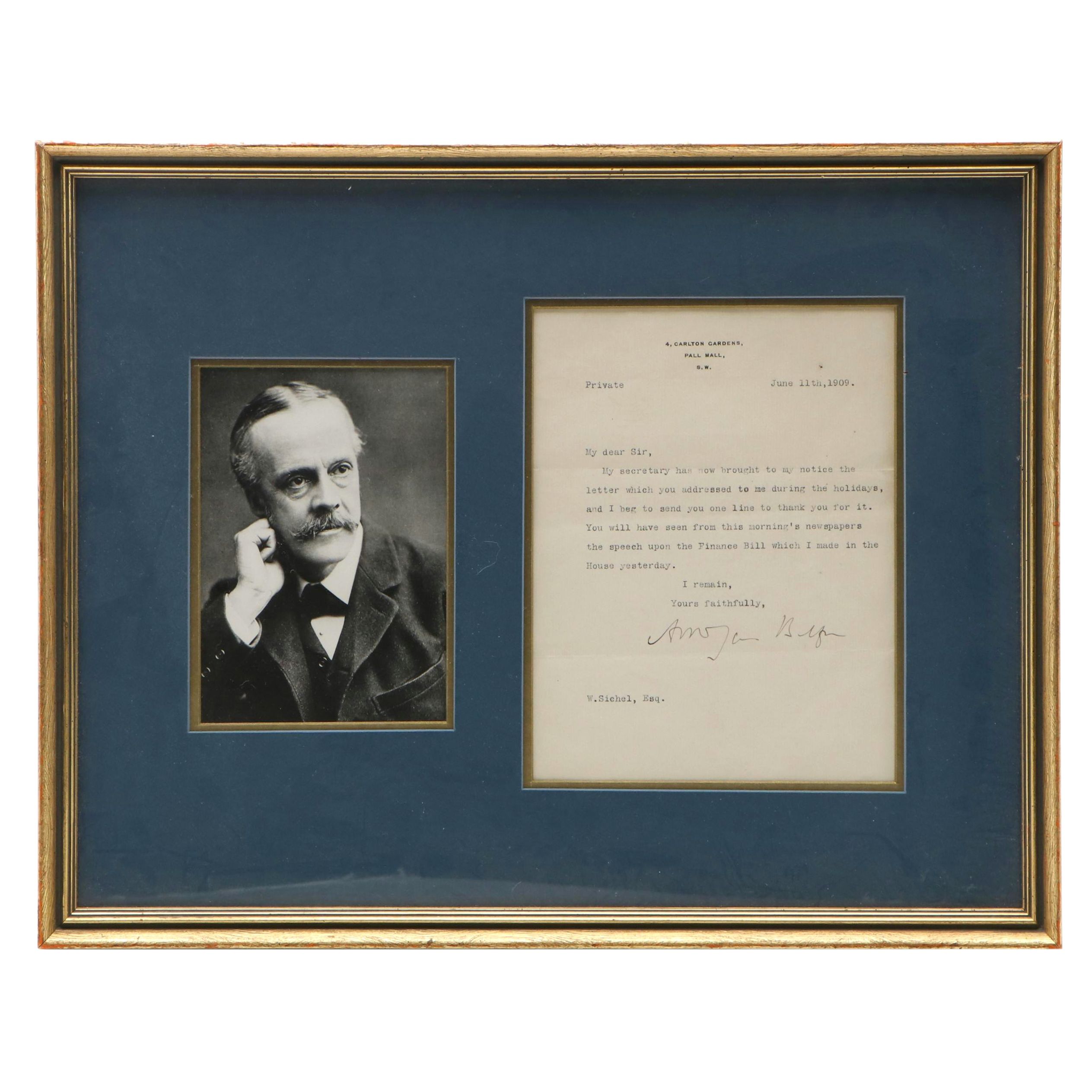 Signed Letter from British Prime Minister Arthur James Balfour, 1909