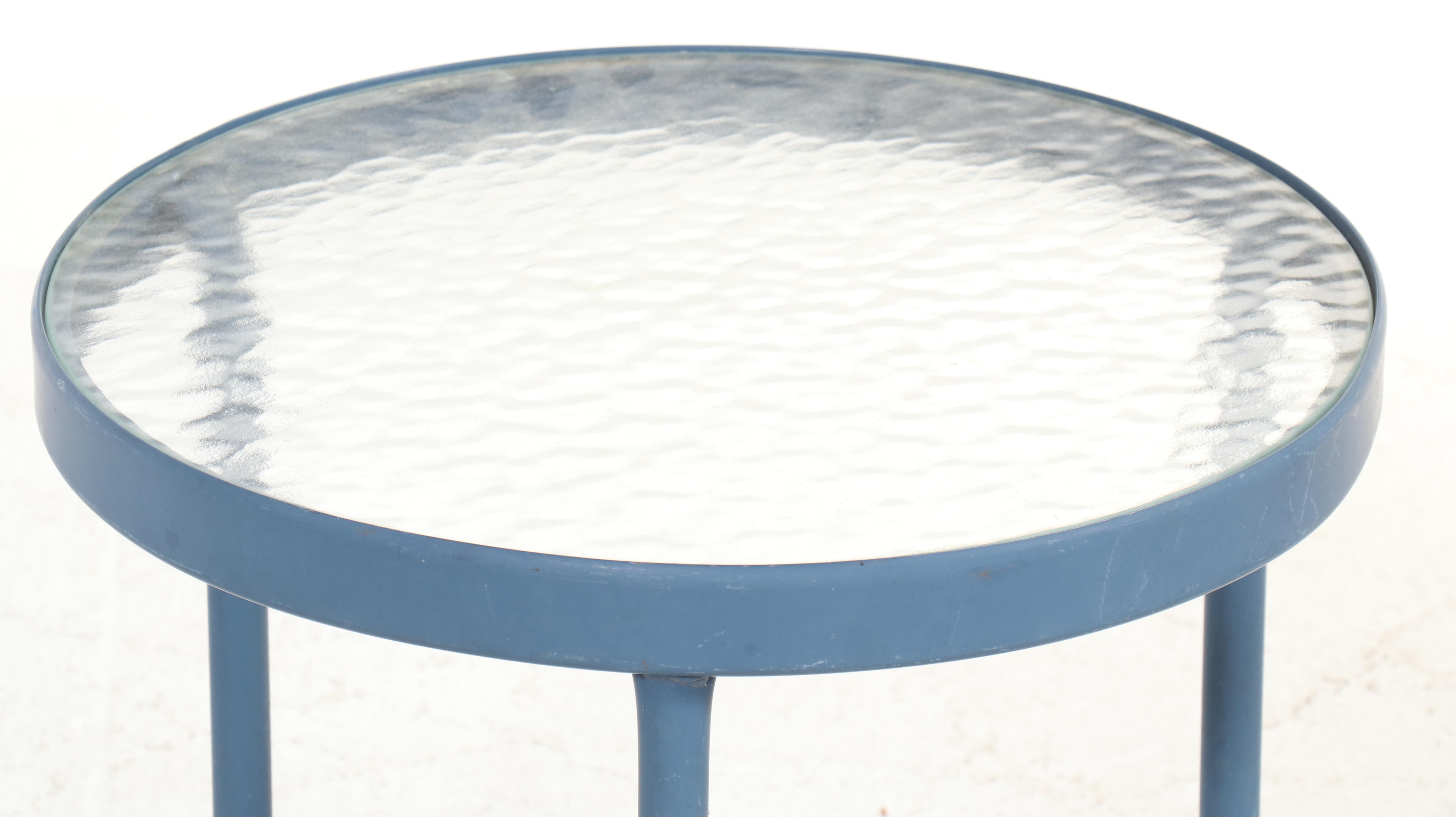 Vintage Brown Jordan Blue Aluminum Patio Chairs with Side Table