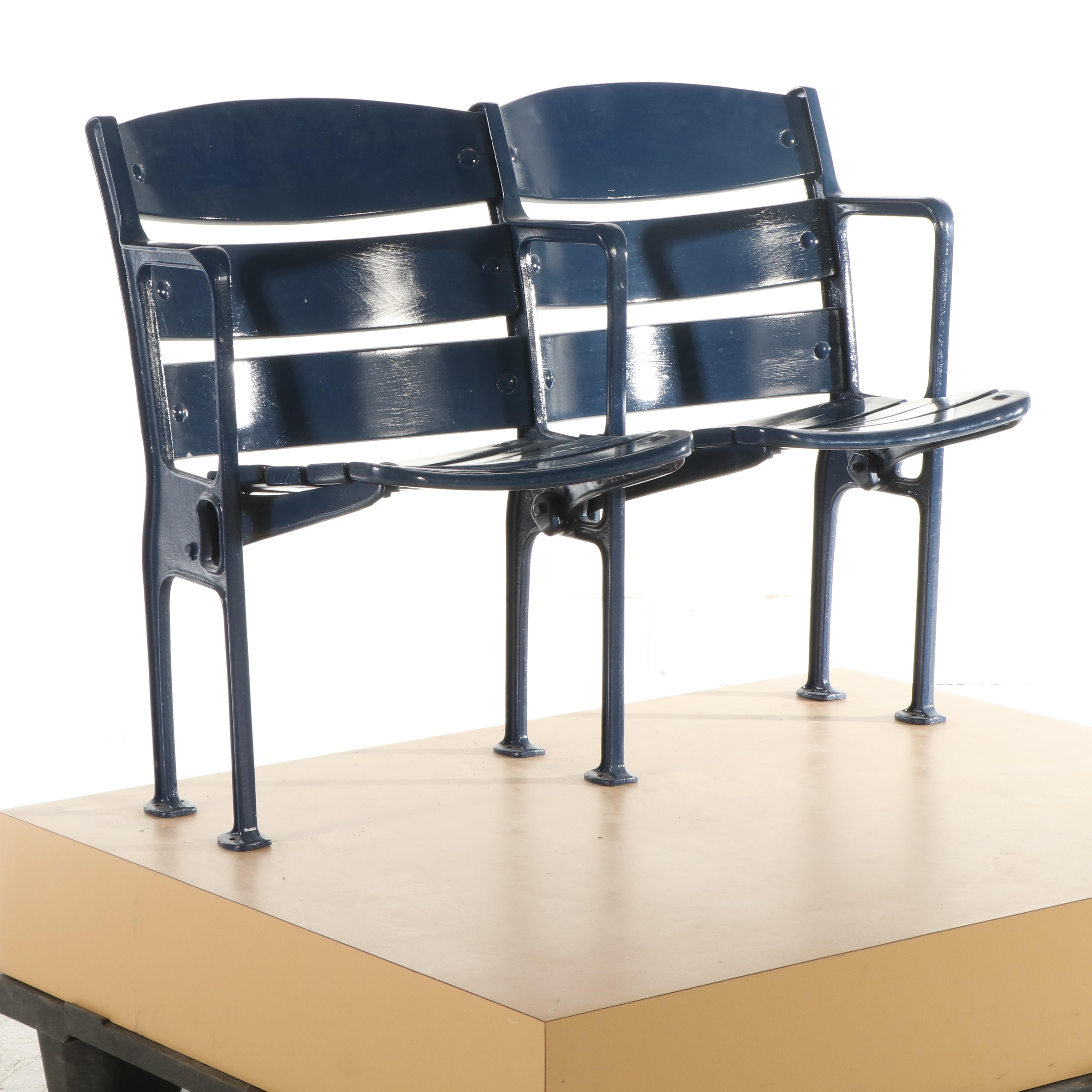 Blue Painted Wood and Metal Stadium Seats on Platform