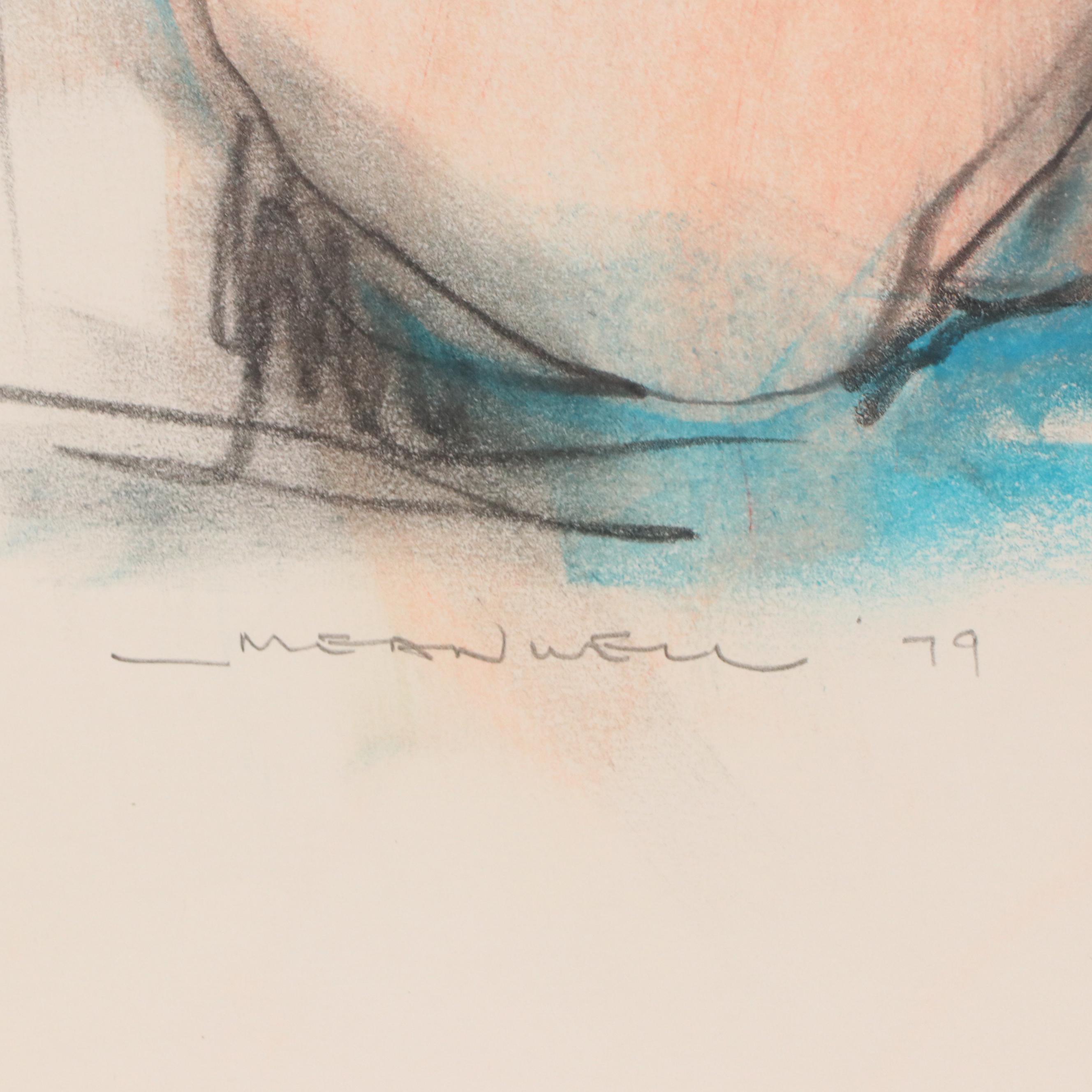 Jack Meanwell Oil Pastel Seated Nude Figural Drawing, 1979