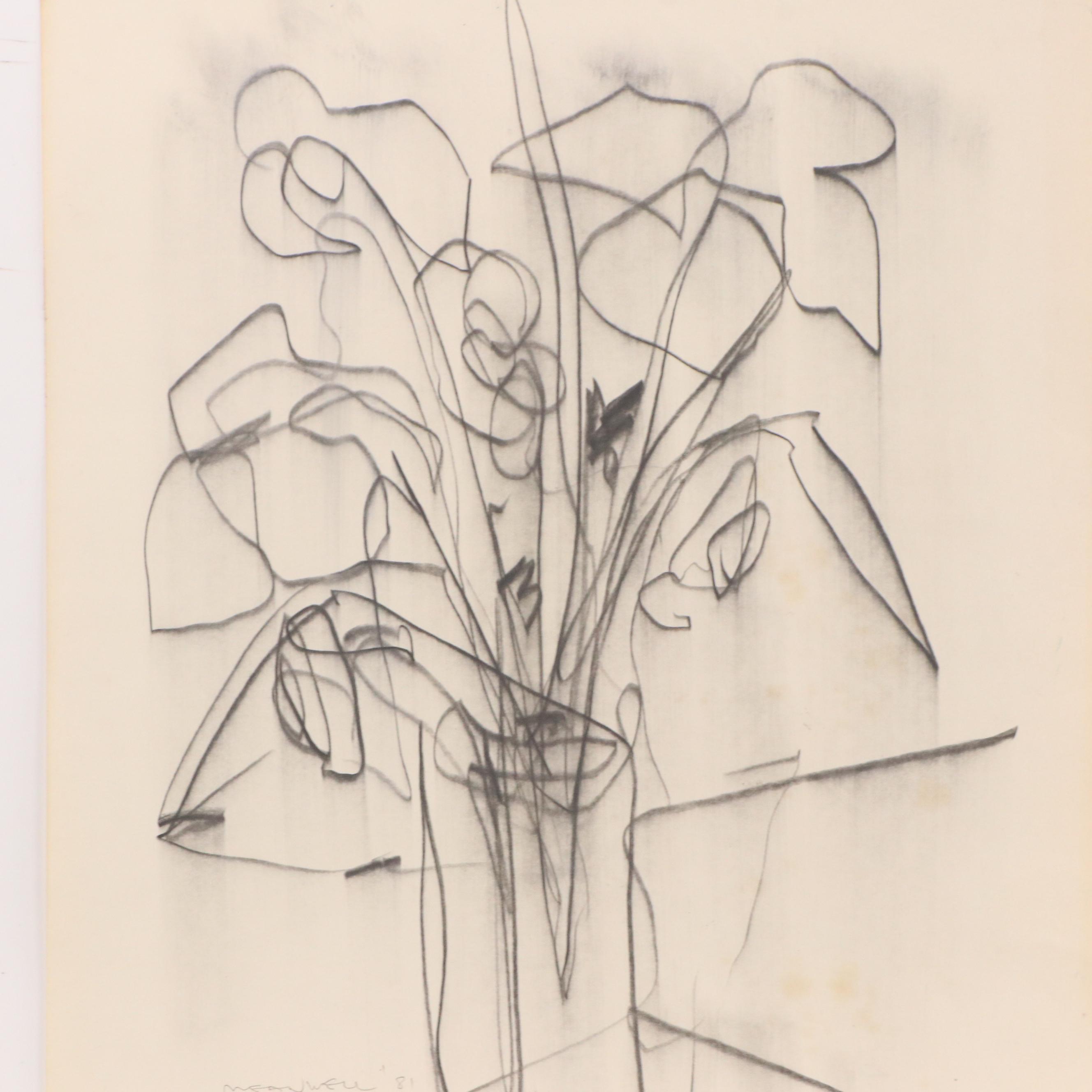 Jack Meanwell Abstract Floral Still Life Ink Drawing, 1978