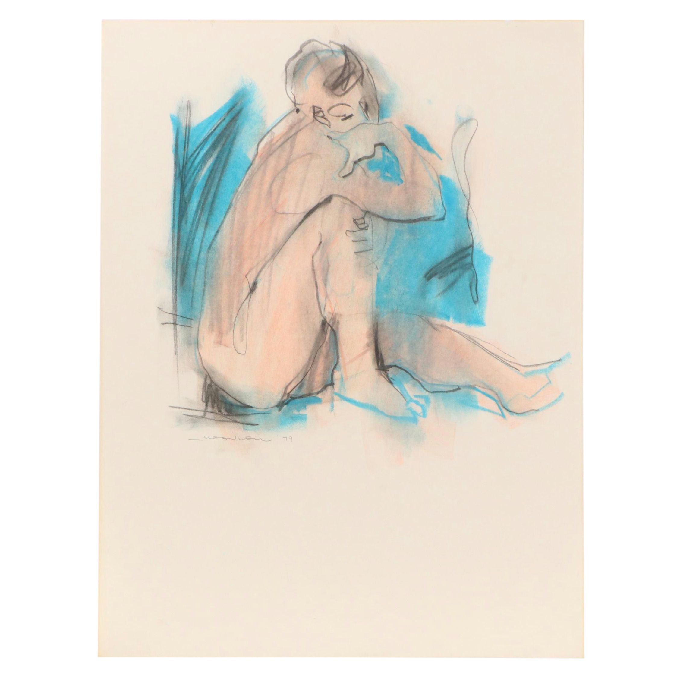 Jack Meanwell Oil Pastel Seated Nude Figural Drawing, 1979