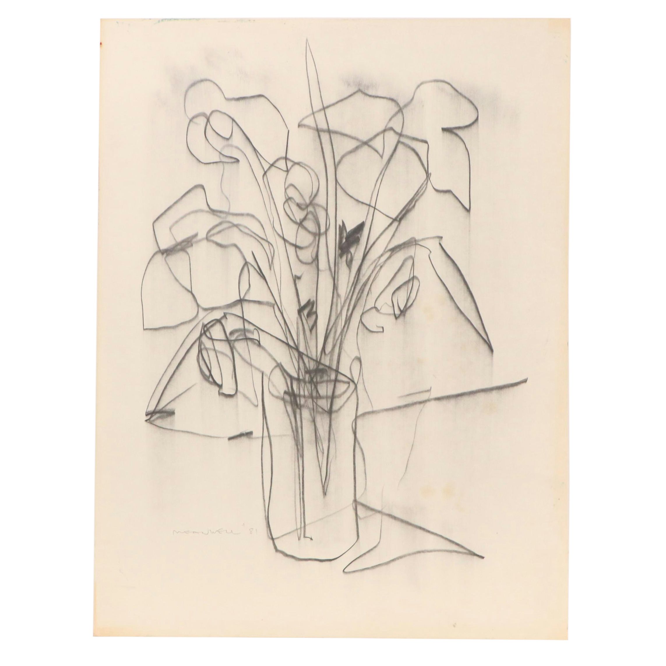 Jack Meanwell Abstract Floral Still Life Ink Drawing, 1978