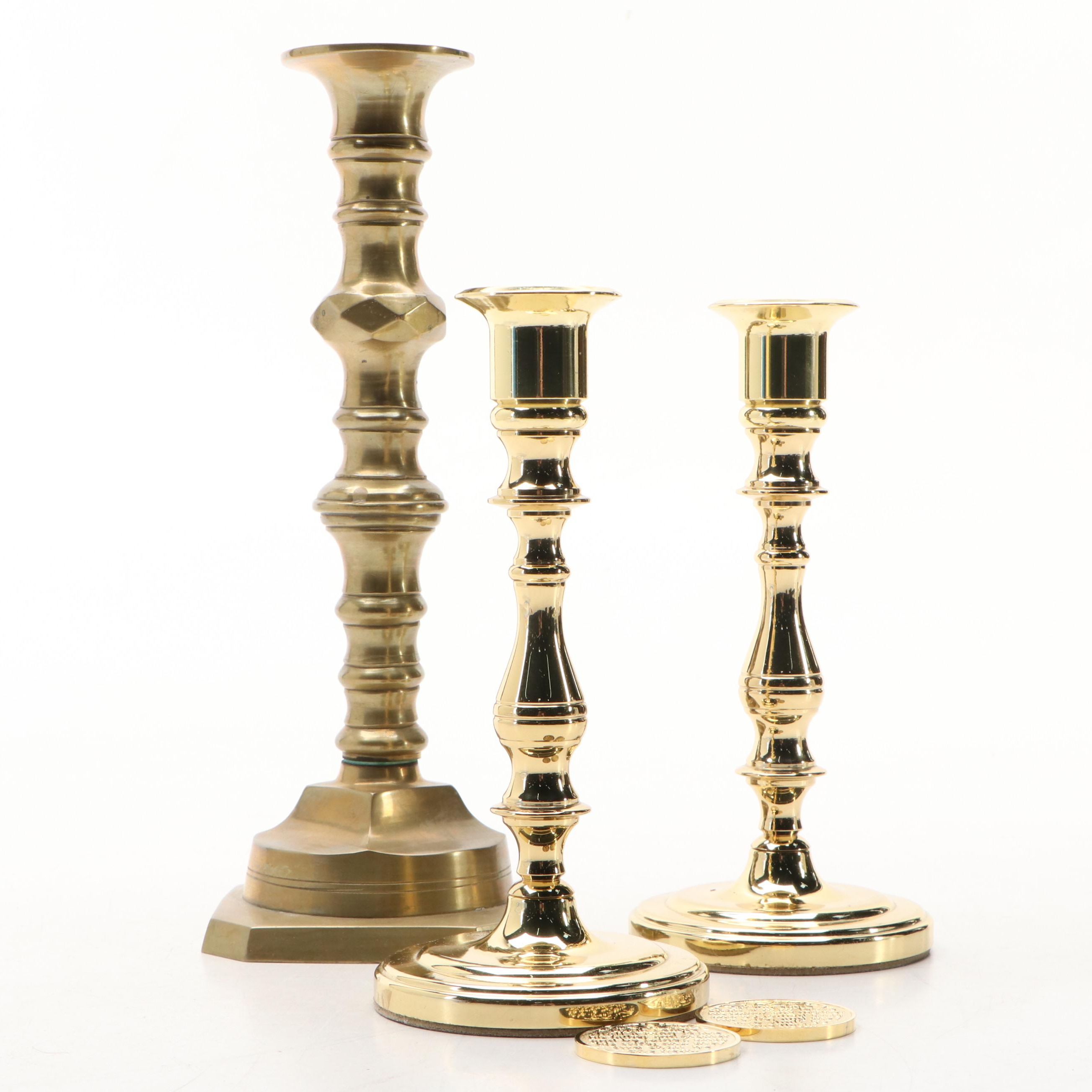Baldwin Hardware Company Brass Candle Holders and Commemorative Wedding Coins