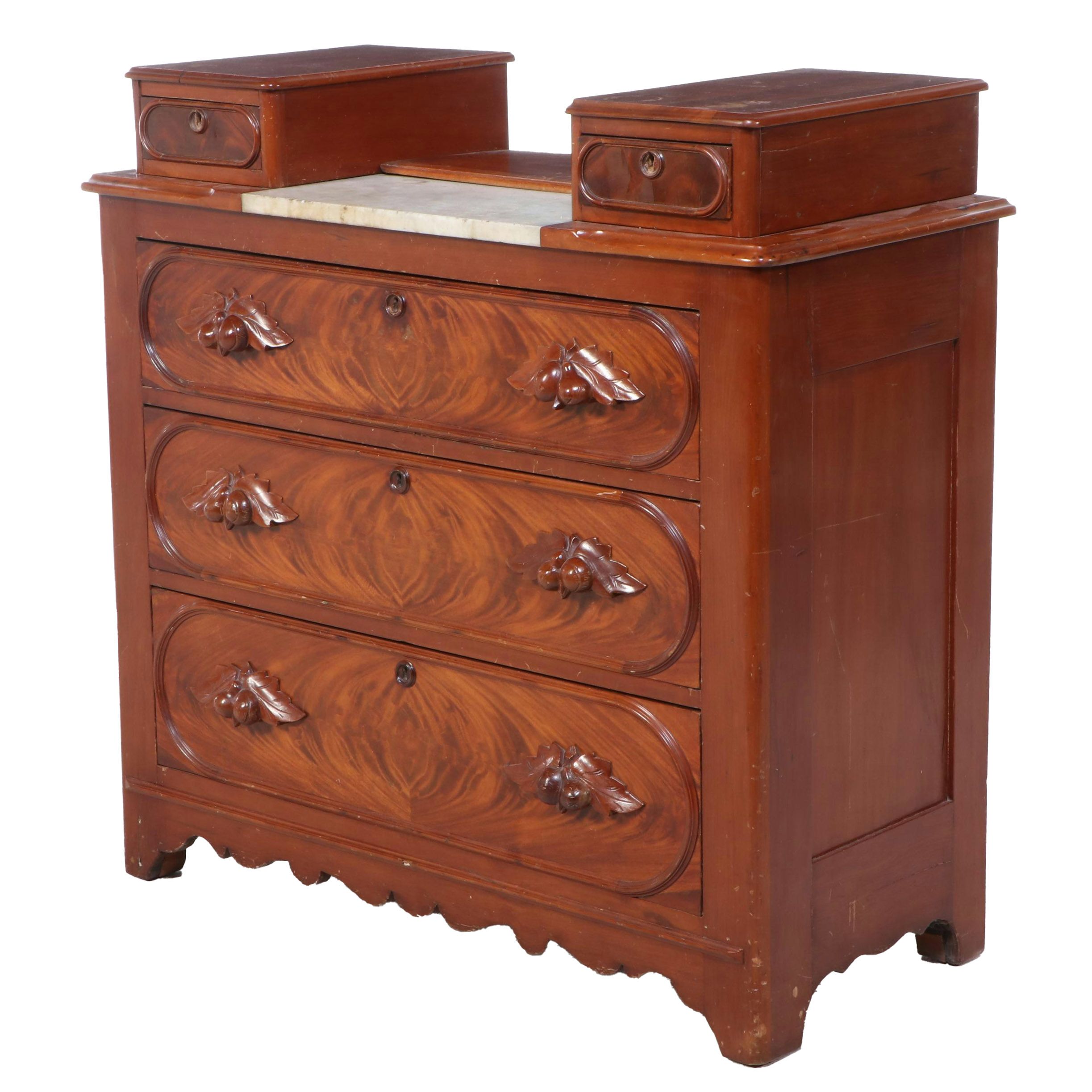 Victorian Marble Top Mahogany and Burl Wood Chest of Drawers, 19th Century