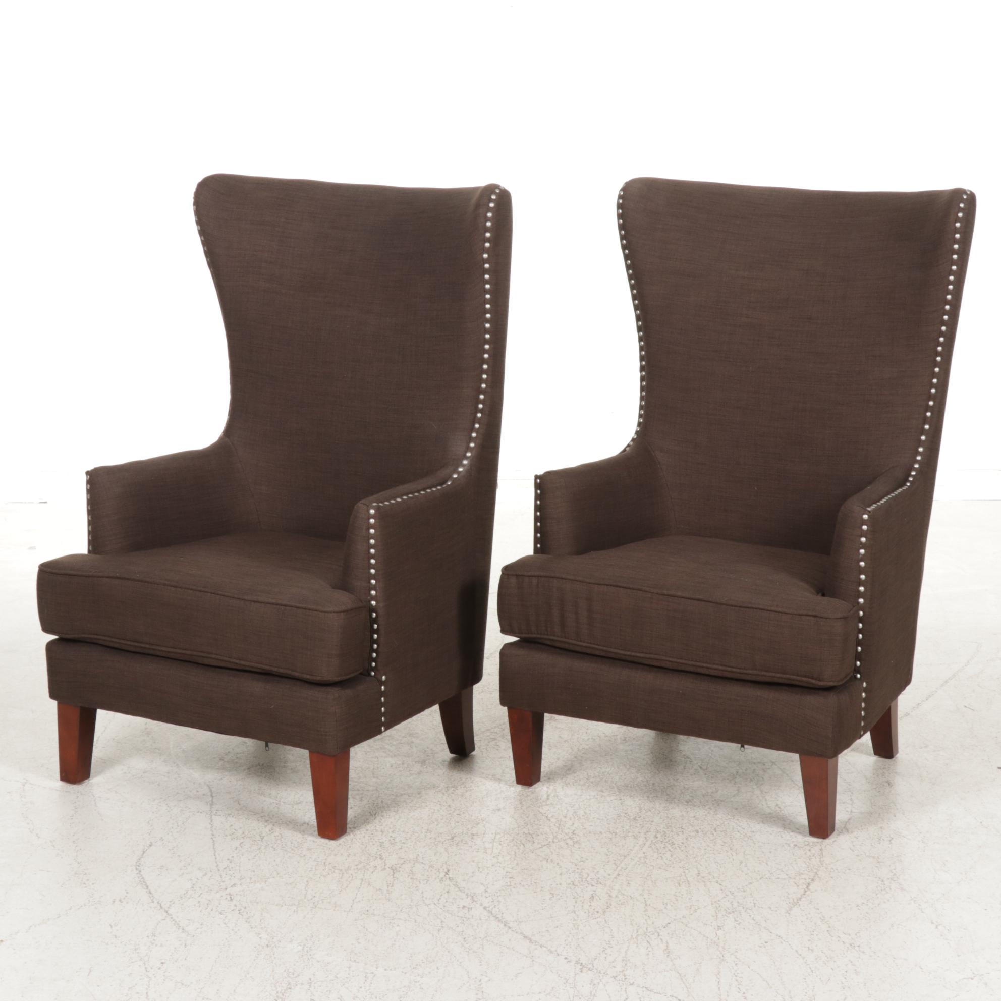 Contemporary Fan Back Upholstered Armchairs, Pair